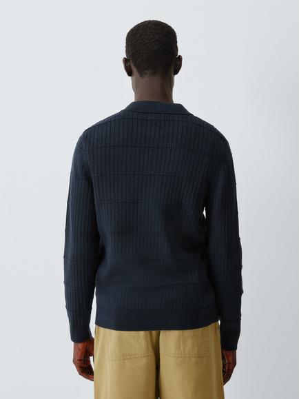 Kin Long Sleeve Textured Cotton Knit Polo Shirt - view 2, Dark Sapphire