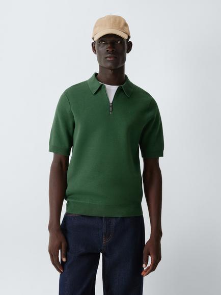 Kin Short Sleeve Zip Neck Cotton Blend Knit Polo Shirt, Dark Green