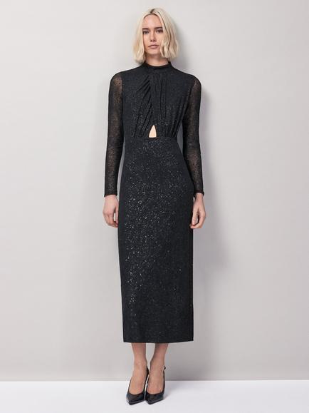 Ro&Zo Cleo Flocked Cut Out Detail Dress, Black - view 2, Black
