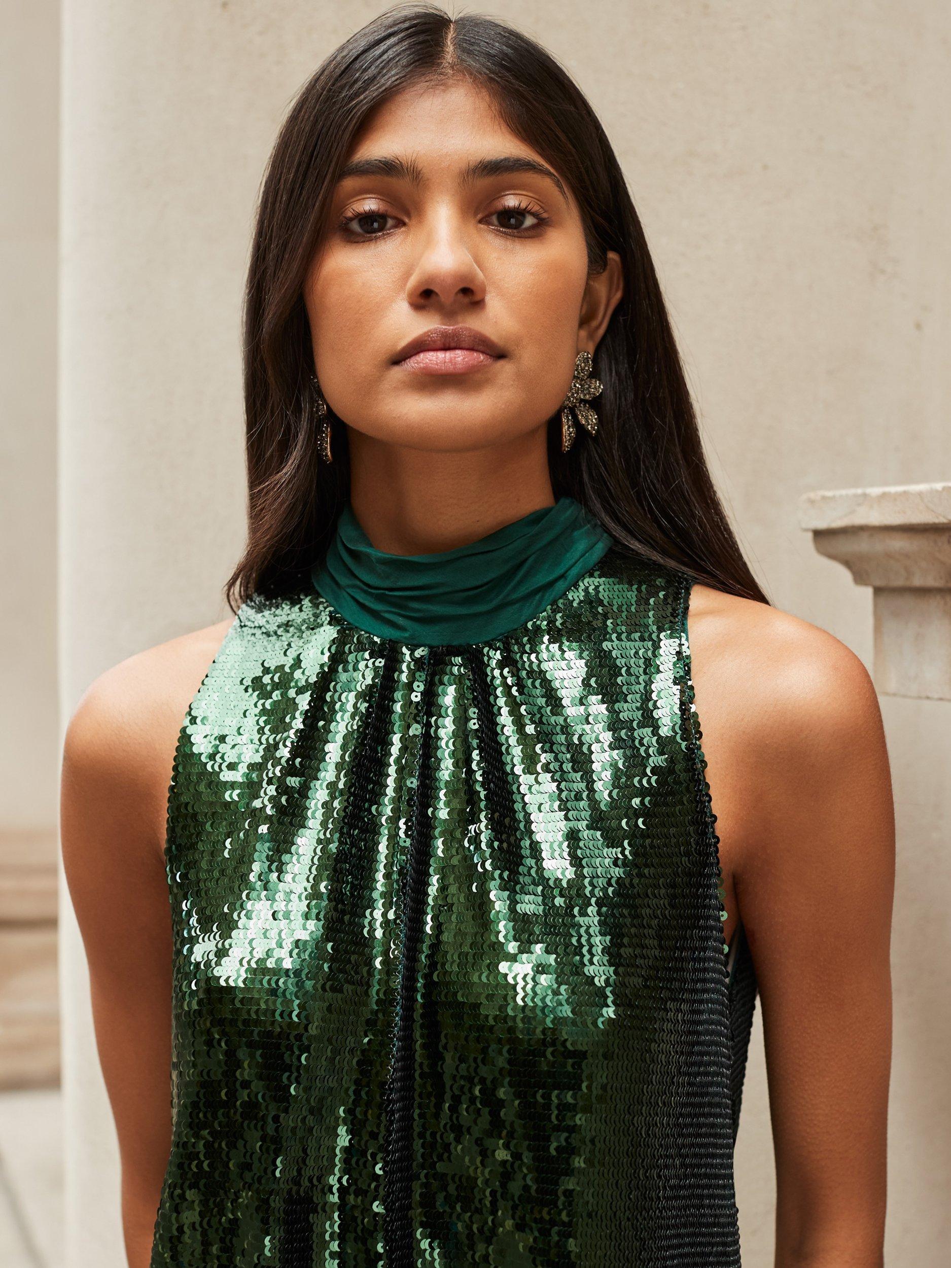 Product image 2 of 4, which shows Ro&Zo Freya Crew Neck Sequined Mini Dress, Green, 10