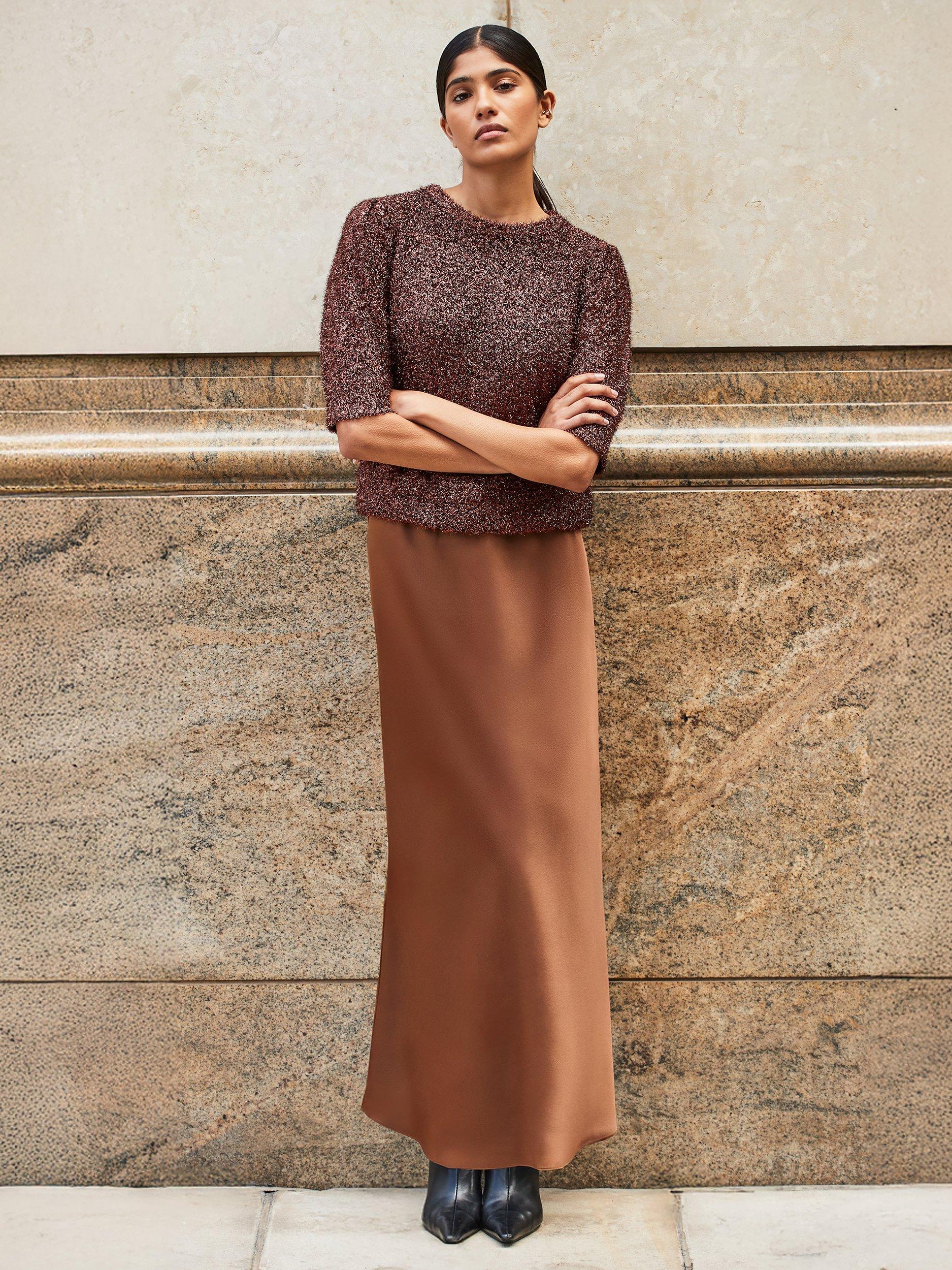 Ro&Zo Seam Detail Satin Skirt, Brown