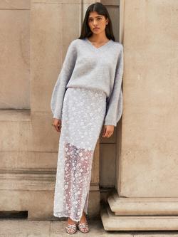 Ro&Zo Petite Semi Sheer Beaded Skirt, Silver - view 2, Silver