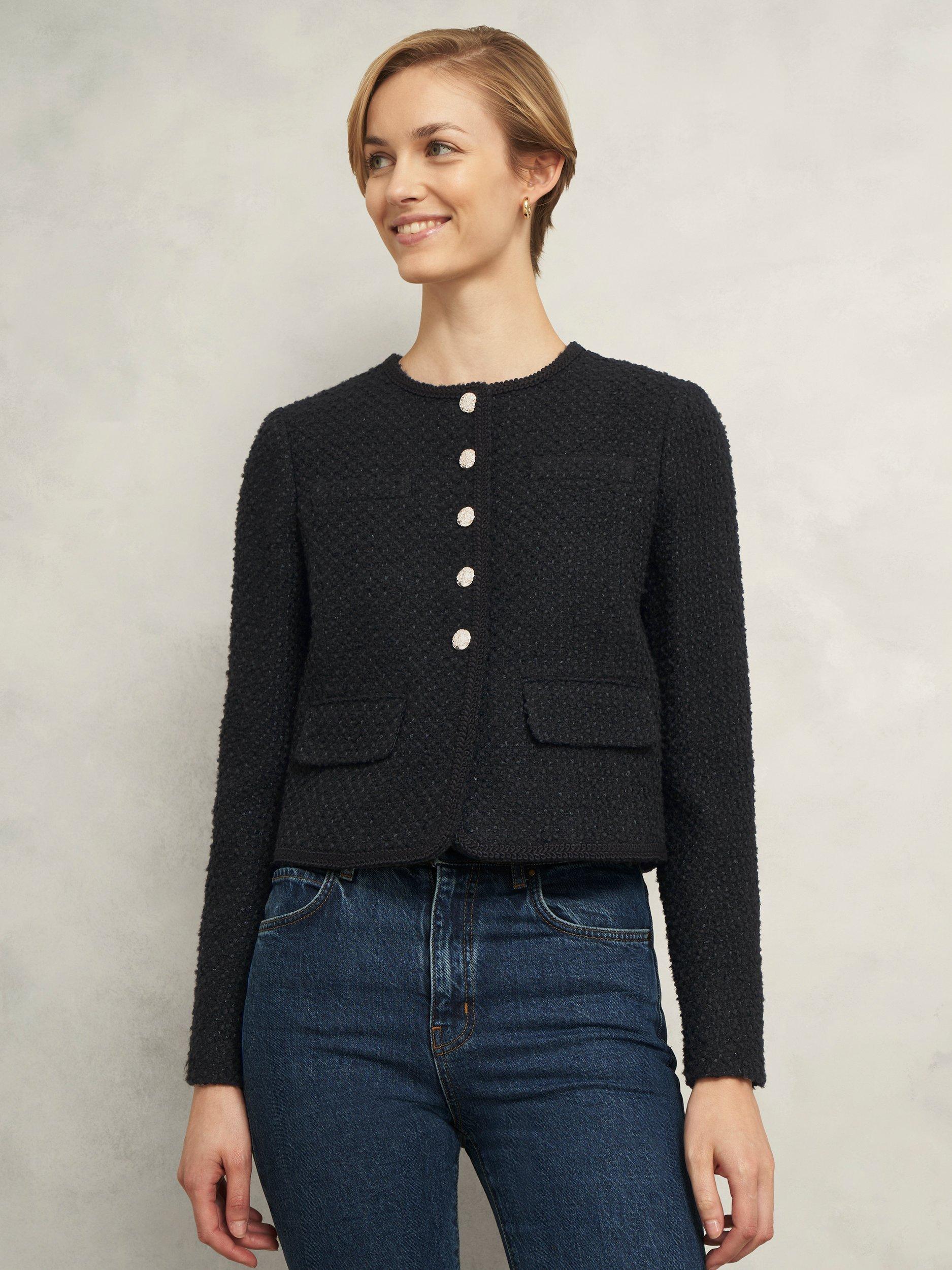 Product image 1 of 5, which shows Hobbs Seraphina Tweed Cropped Jacket, Black, 10