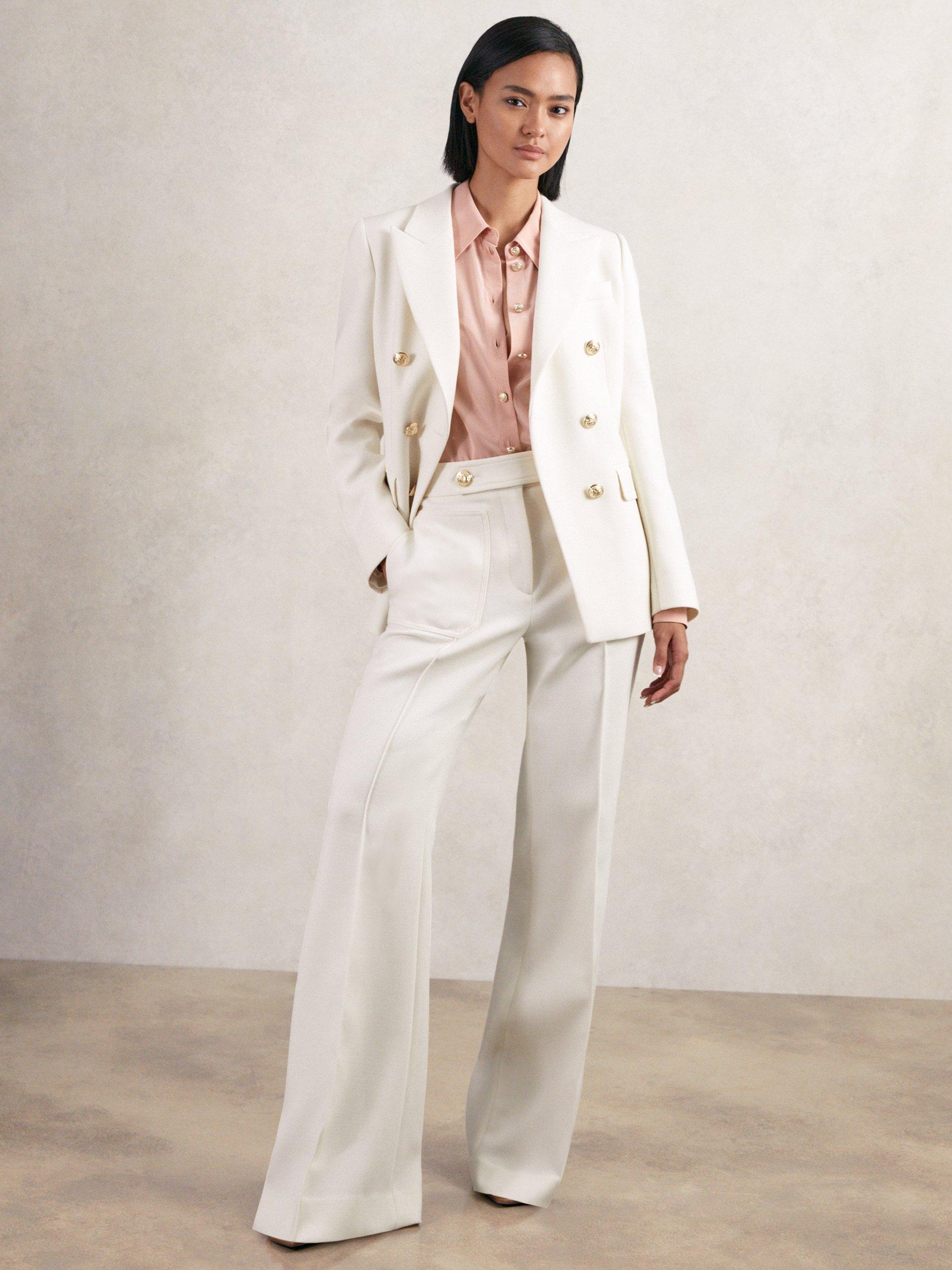 Product image 1 of 5, which shows Reiss Lily Wool Blend Double-Breasted Twill Suit Blazer, White, 8Pt