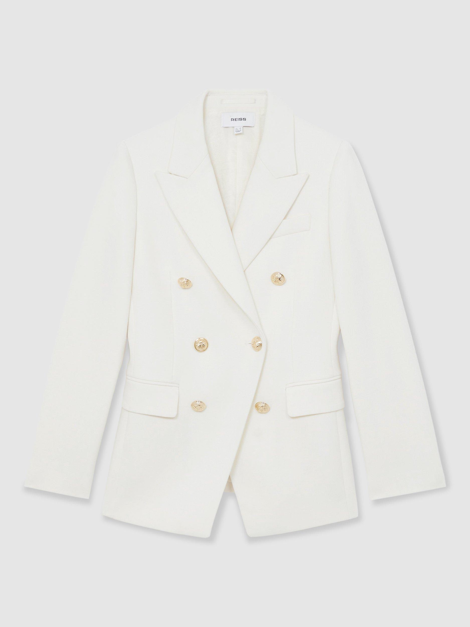 Product image 3 of 5, which shows Reiss Lily Wool Blend Double-Breasted Twill Suit Blazer, White, 8Pt