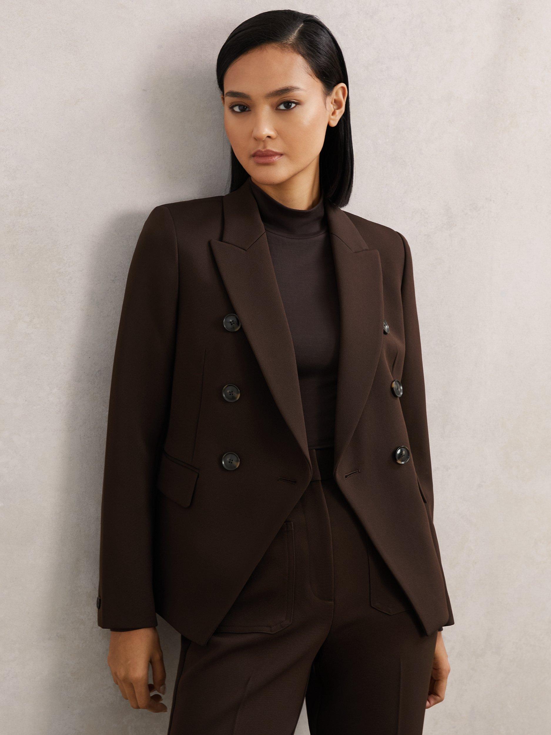Product image 1 of 5, which shows Reiss Petite Priya Double Breasted Blazer, Chocolate Brown, 6Pt