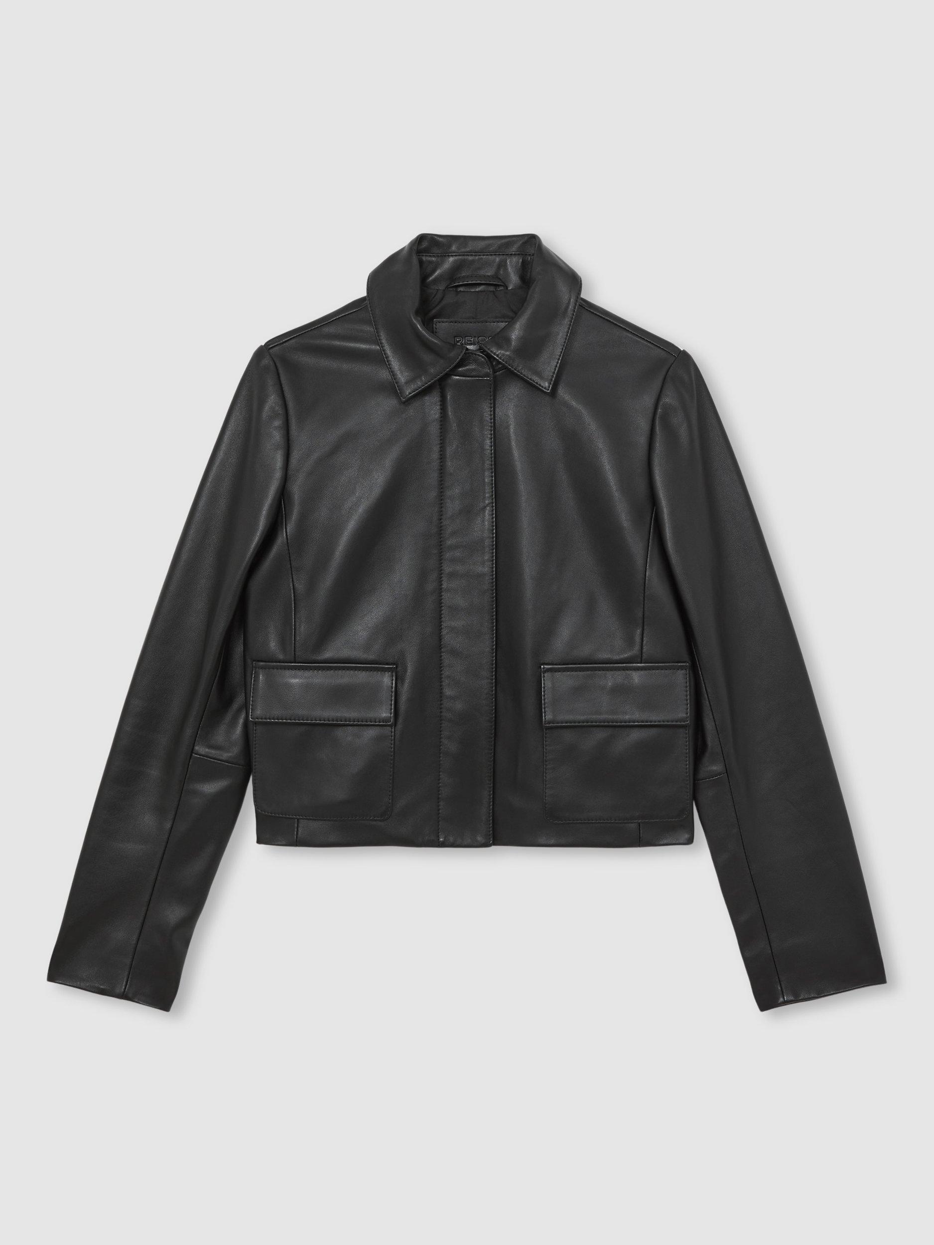 Product image 3 of 5, which shows Reiss Drew Leather Collar Jacket, Black, 16