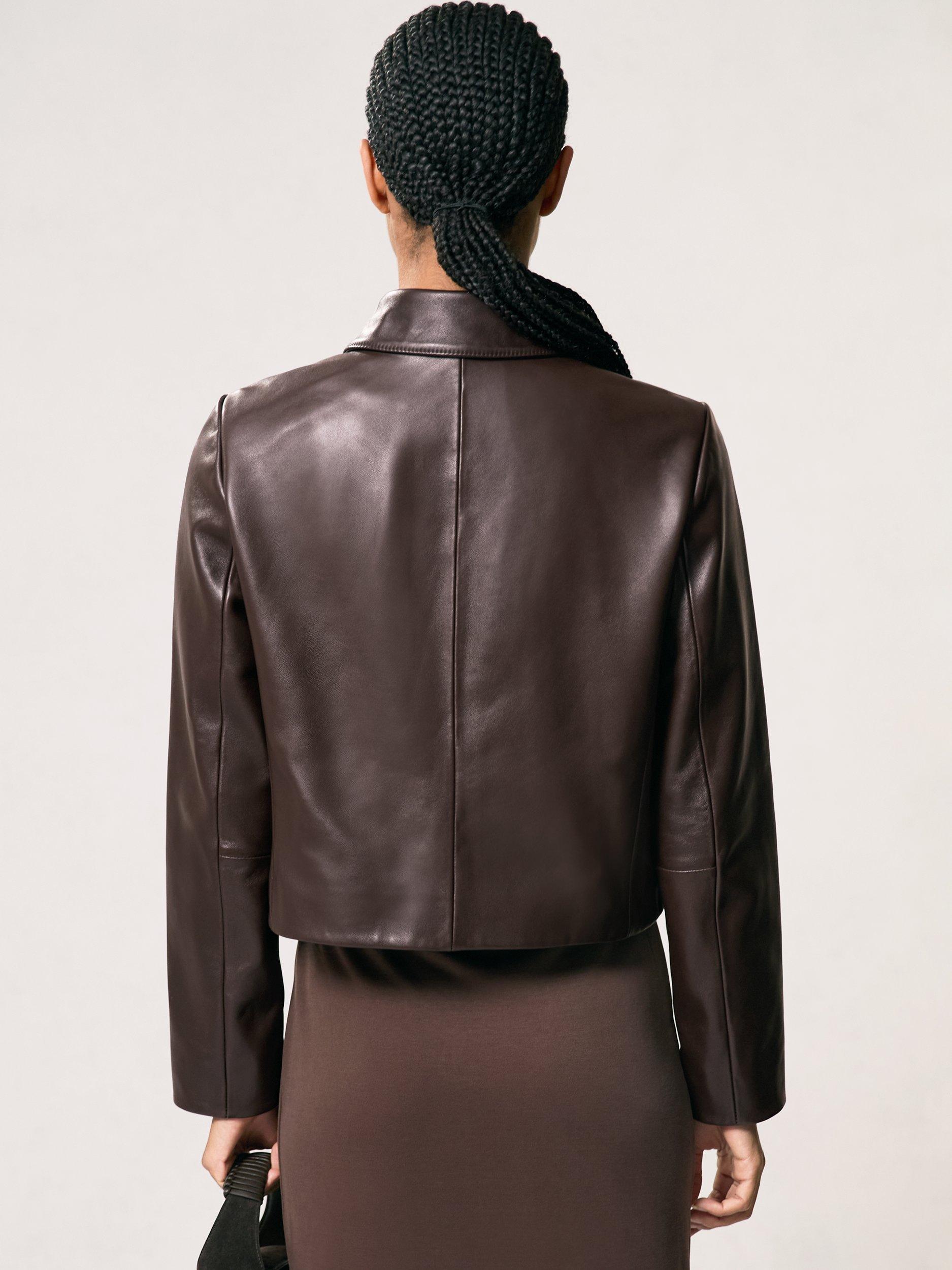 Product image 2 of 5, which shows Reiss Drew Pure Leather Jacket, Chocolate Brown, 16