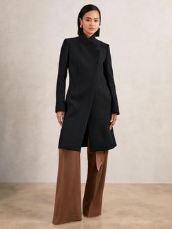 Reiss Max Petite Wool-Blend Wrapover Mid-Length Coat, Black