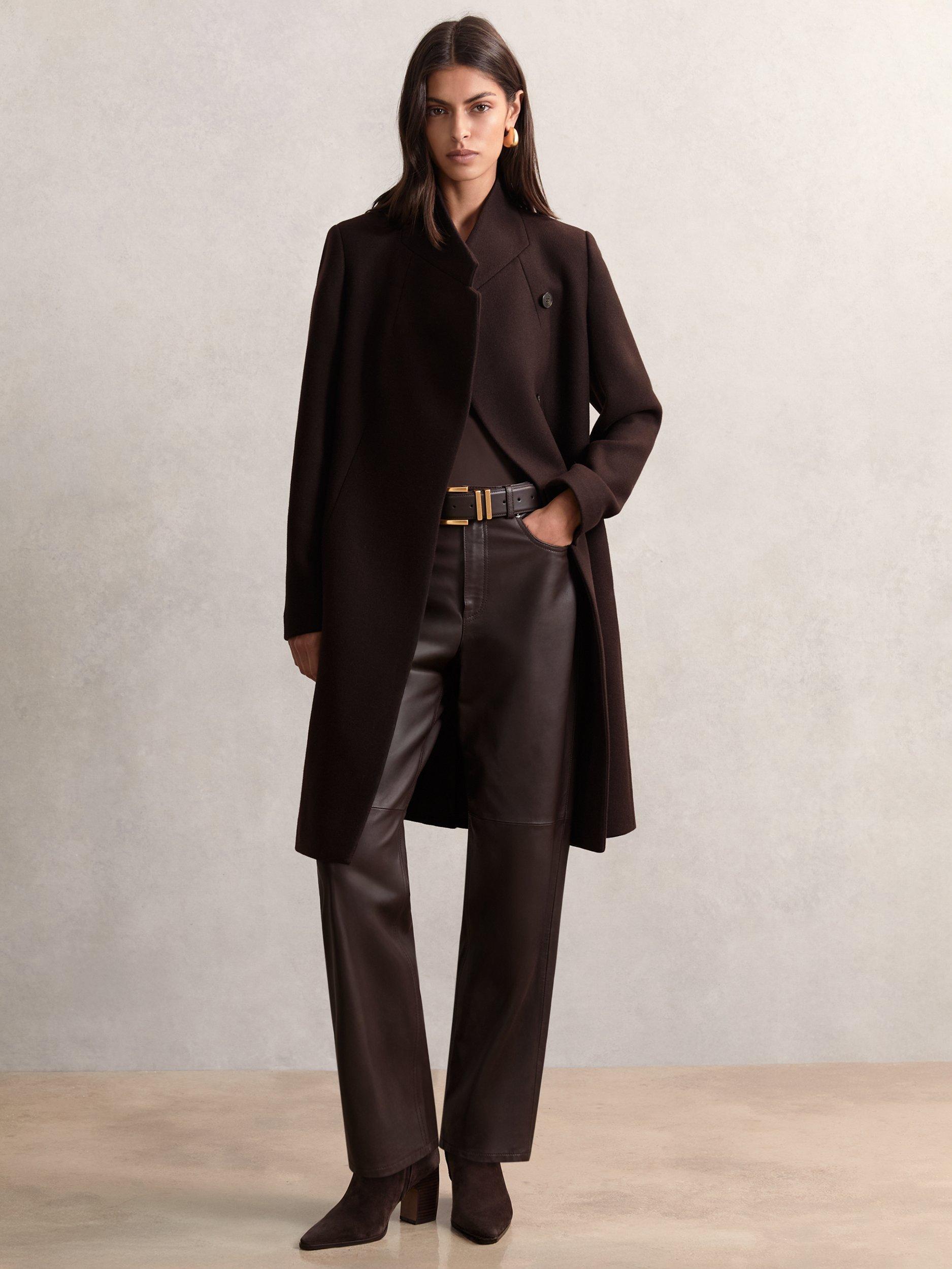 Reiss Max Petite Wool-Blend Wrapover Mid-Length Coat, Chocolate Brown