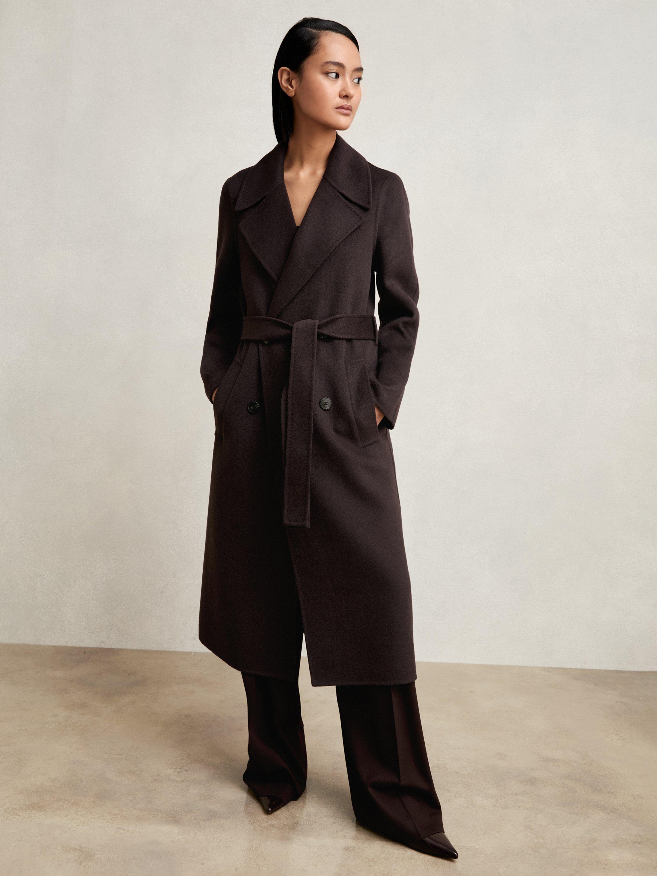 Product image 4 of 5, which shows Reiss Petite Rene Double-Breasted Wool-Blend Blindseam Coat, Aubergine, 6Pt