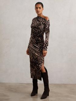 Reiss Briana Animal Print Asymmetric Neck Midi Sheath Dress, Black/Brown
