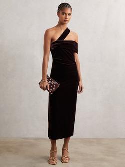 Reiss Dalia One Shoulder Asymmetric Neck Velvet Midi Dress, Burgundy