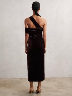 Reiss Dalia One Shoulder Asymmetric Neck Velvet Midi Dress - view 2, Burgundy