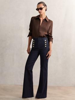 Reiss Petite Athena Button Detail Wide Leg Trousers, Dark Blue