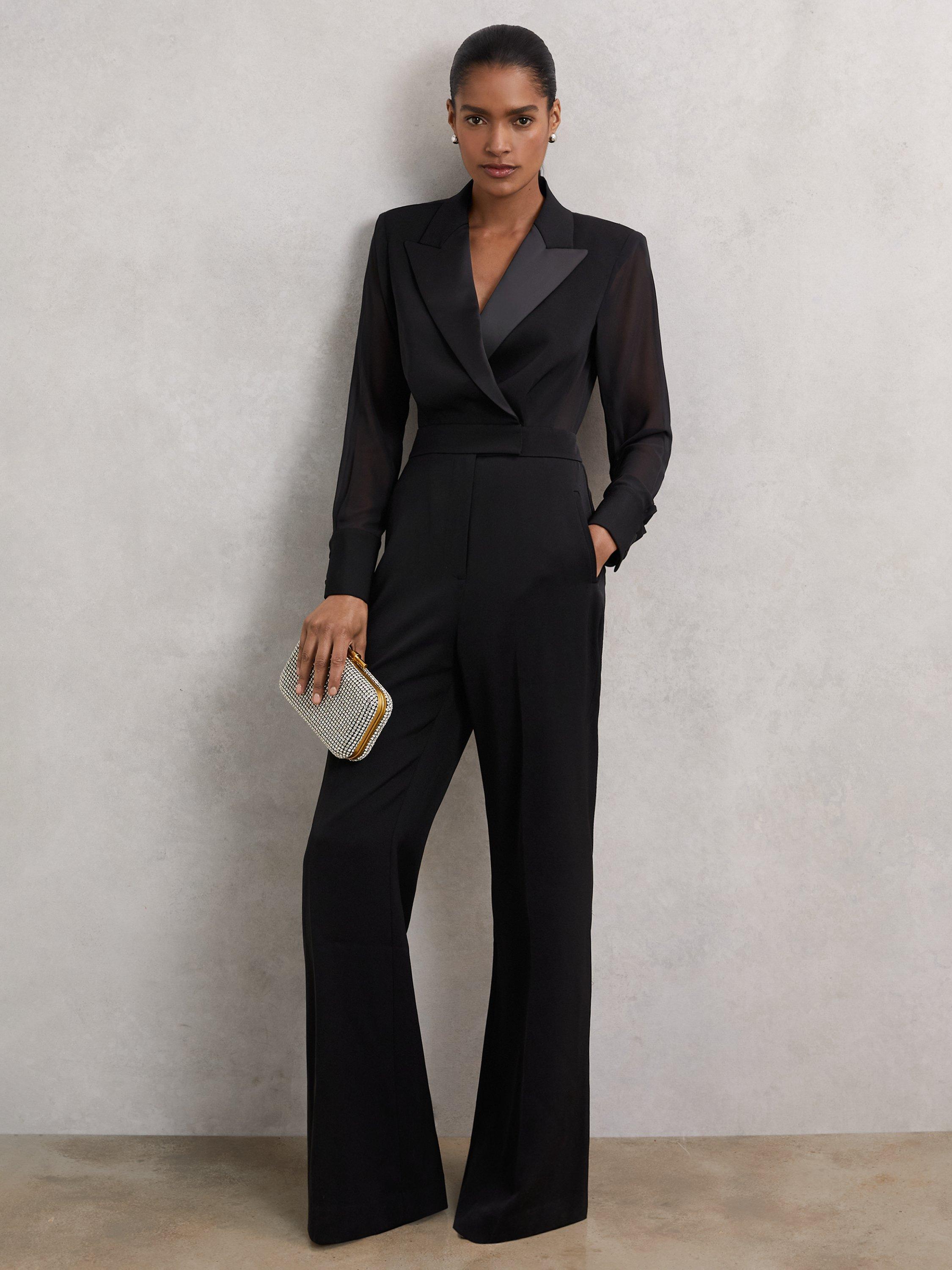 Reiss Perla Sheer-Sleeve Tuxedo Jumpsuit, Black