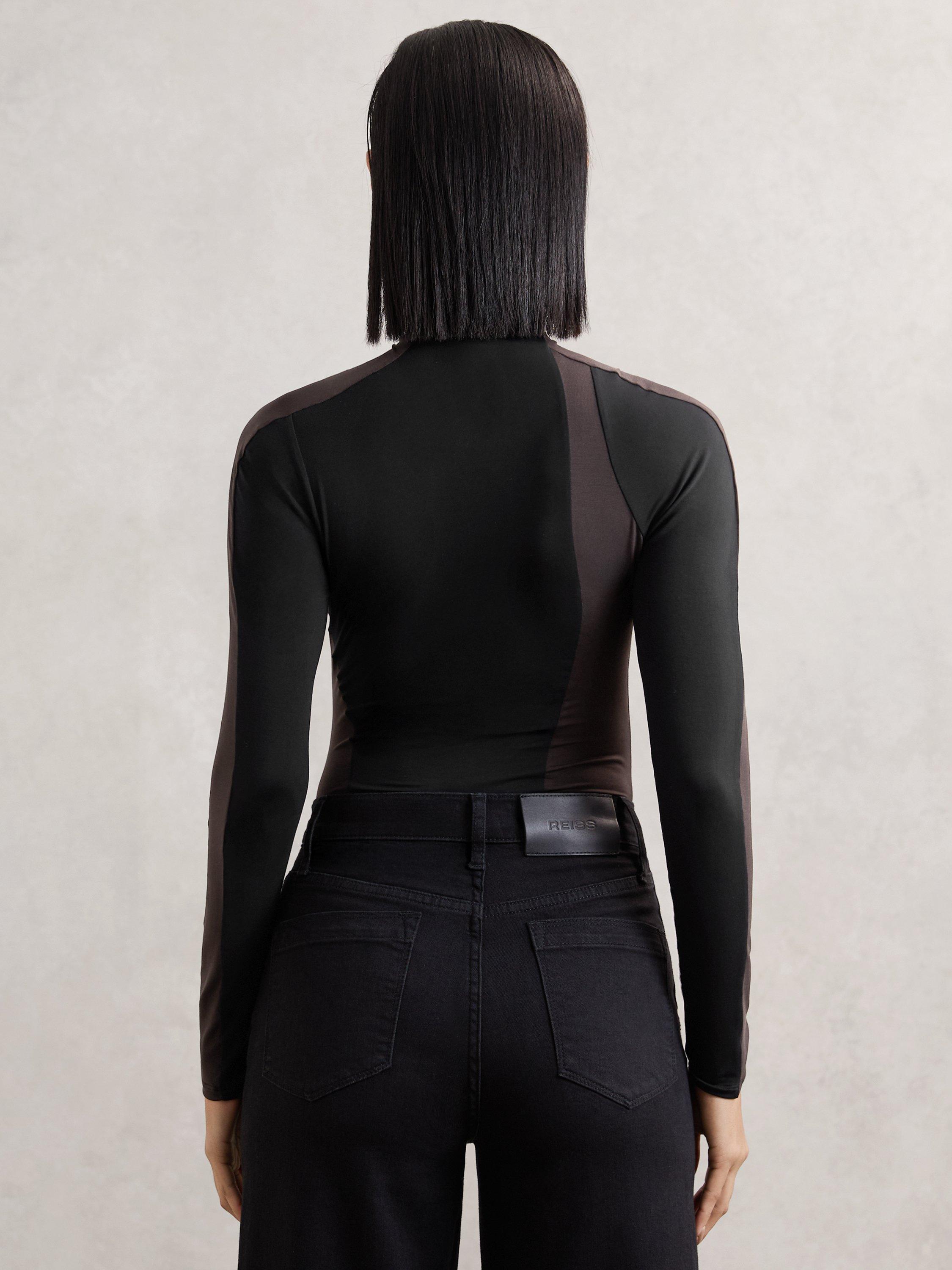 Product image 2 of 5, which shows Reiss Jessie Panel Ruched Bodysuit, Black/Chocolate, 8