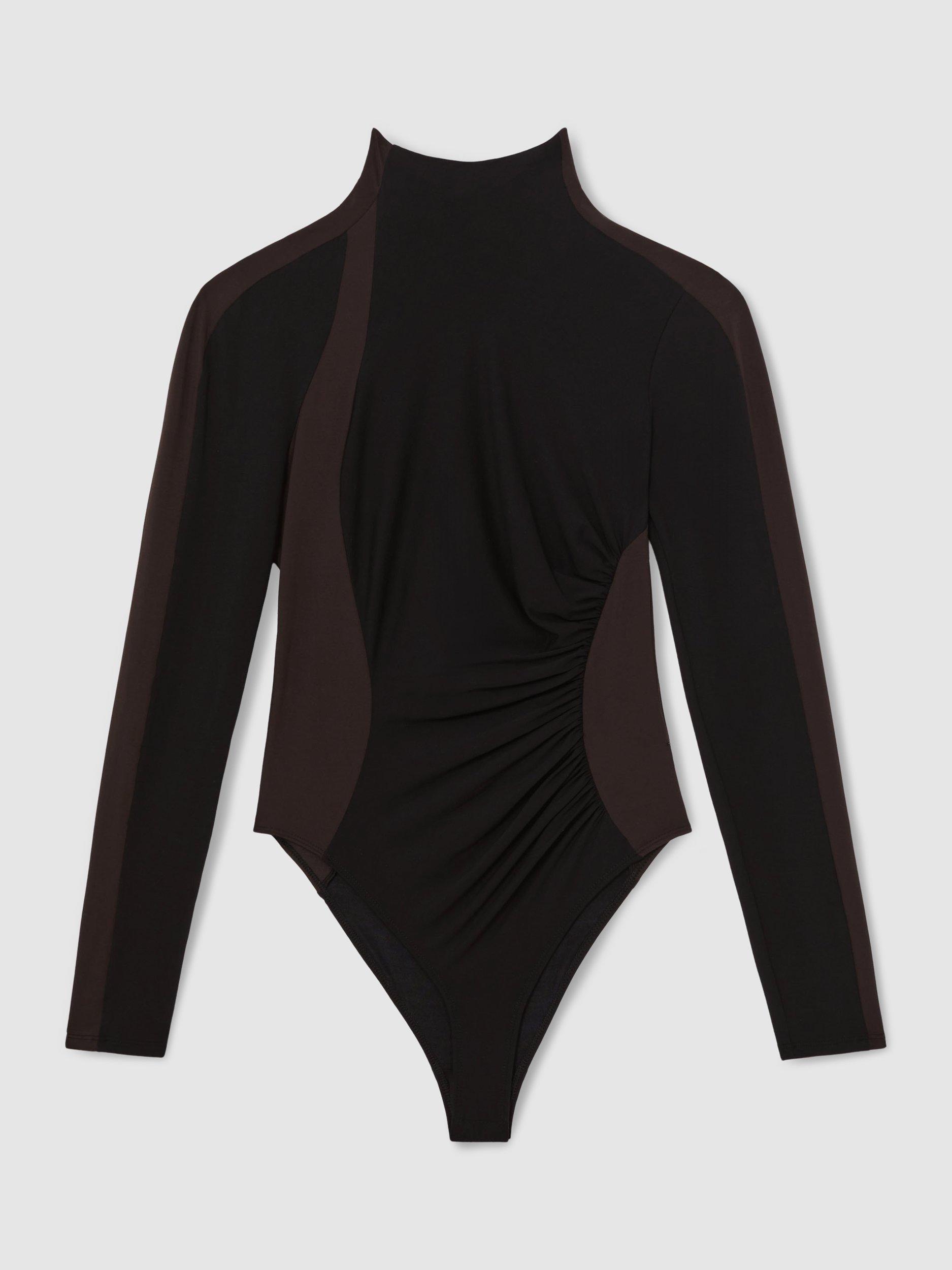 Product image 3 of 5, which shows Reiss Jessie Panel Ruched Bodysuit, Black/Chocolate, 8