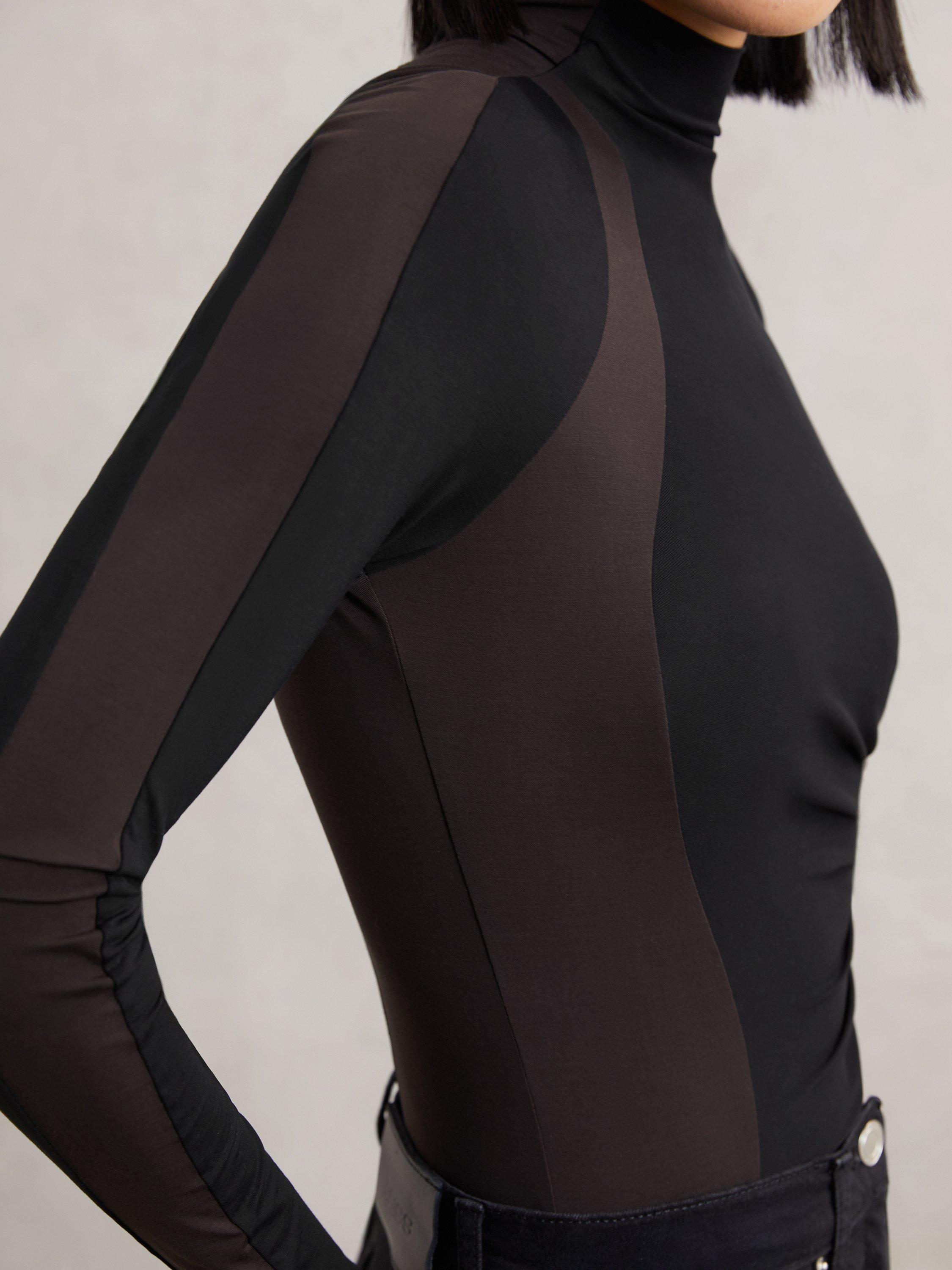 Product image 4 of 5, which shows Reiss Jessie Panel Ruched Bodysuit, Black/Chocolate, 8