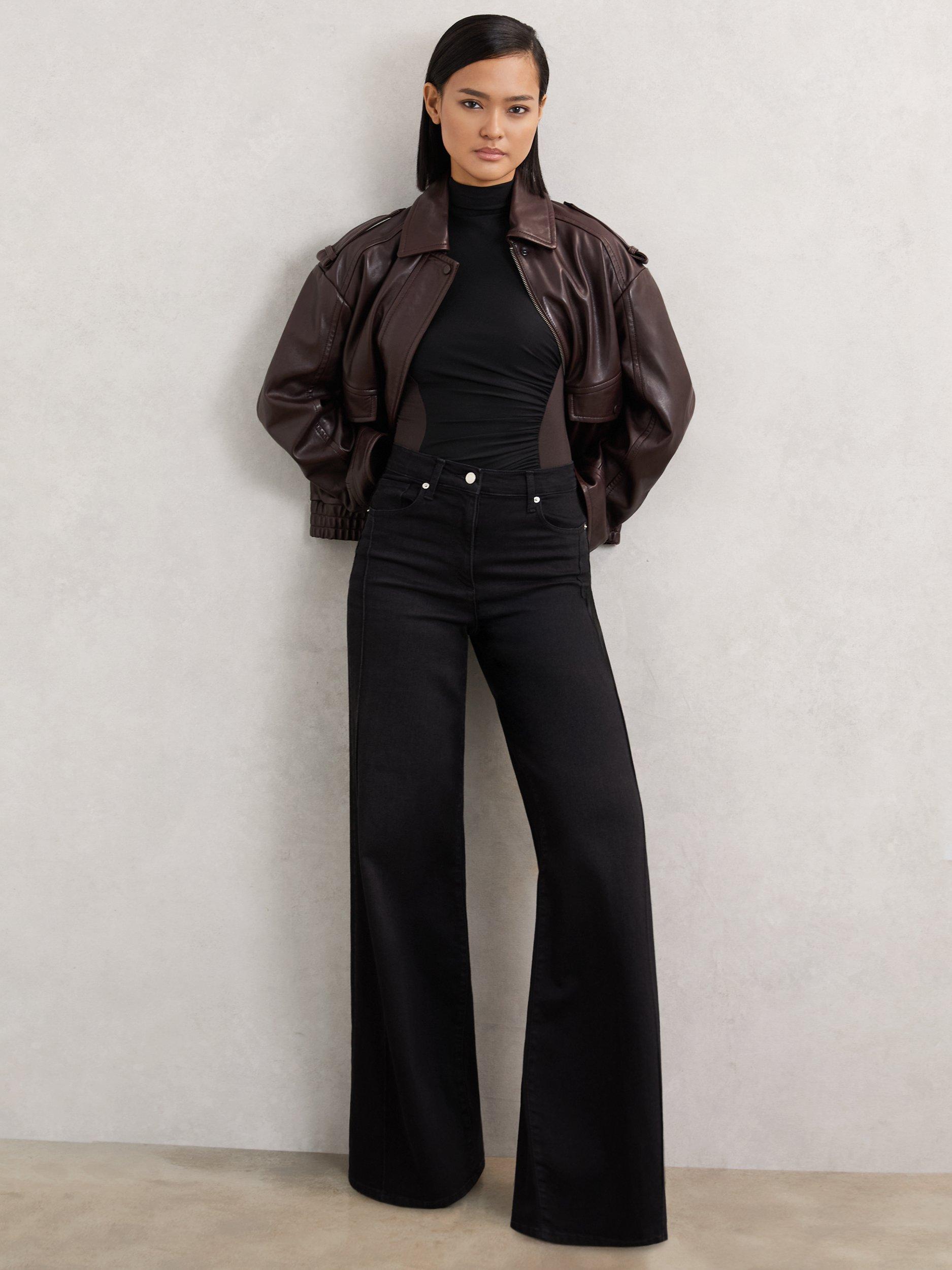 Product image 5 of 5, which shows Reiss Jessie Panel Ruched Bodysuit, Black/Chocolate, 8