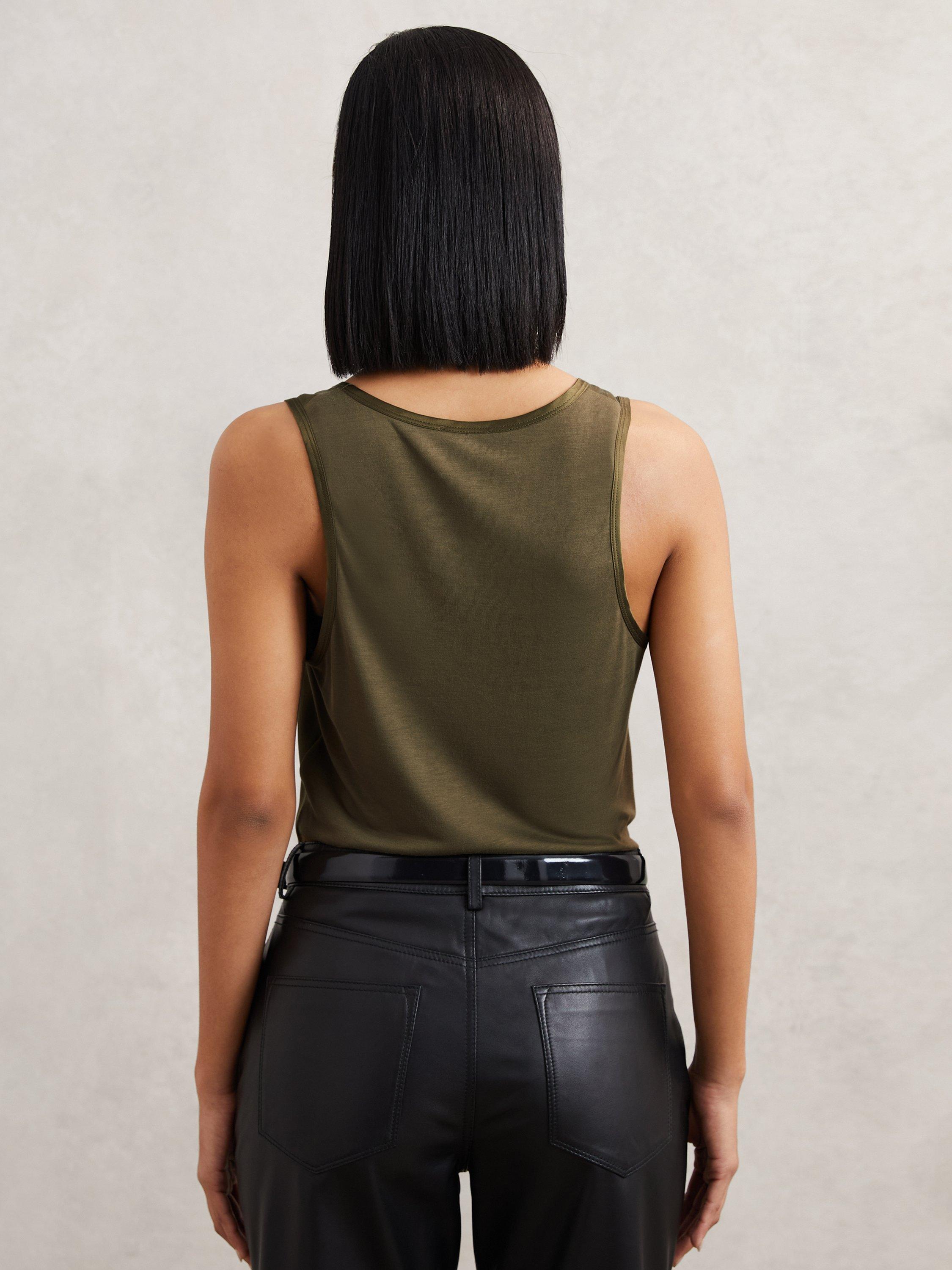 Product image 2 of 5, which shows Reiss Ruby Scoop Neck Silk Panel Vest Top, Khaki Green, S