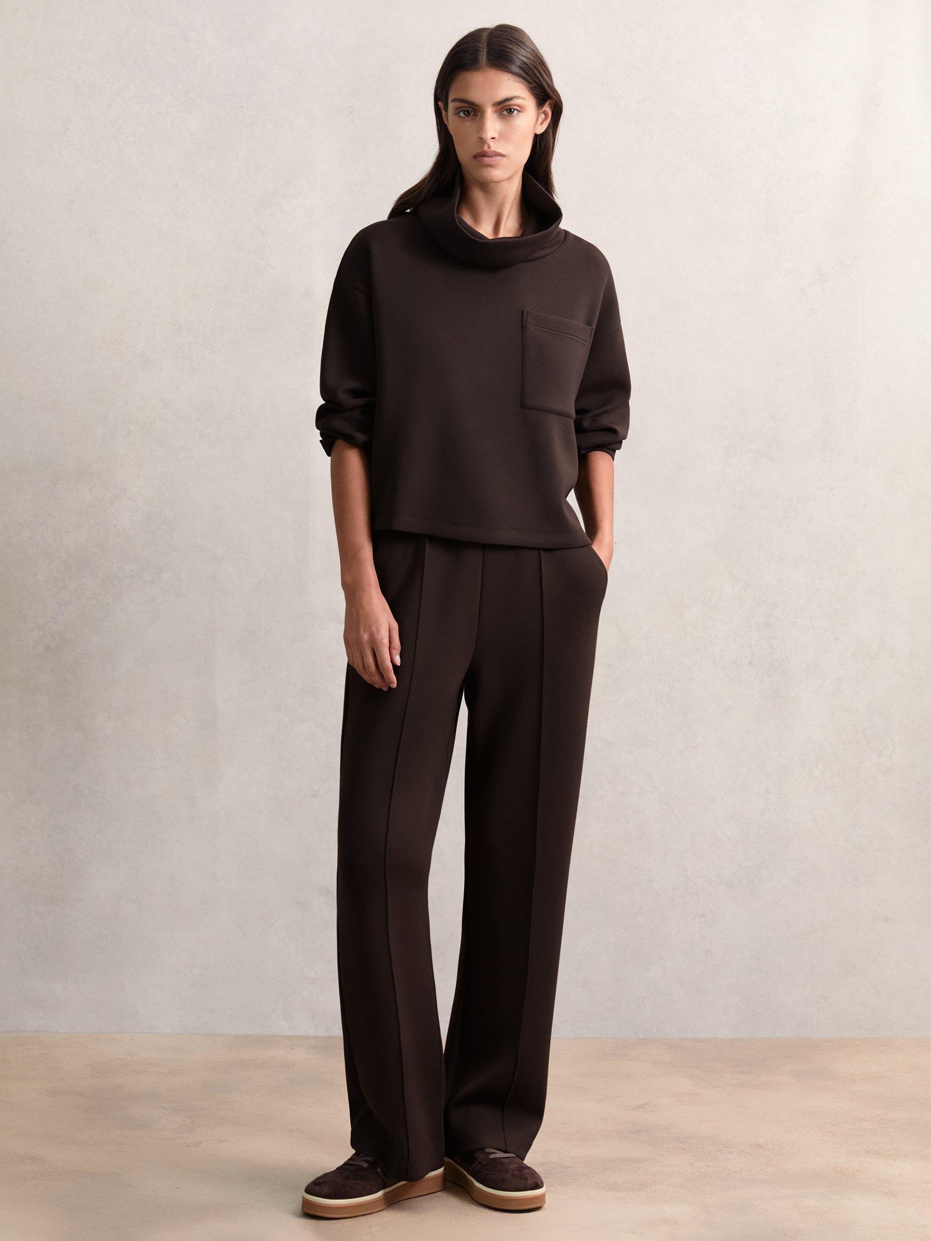 Product image 1 of 5, which shows Reiss Jemma Drawstring Wide Leg Joggers, Dark Chocolate Brown, XS