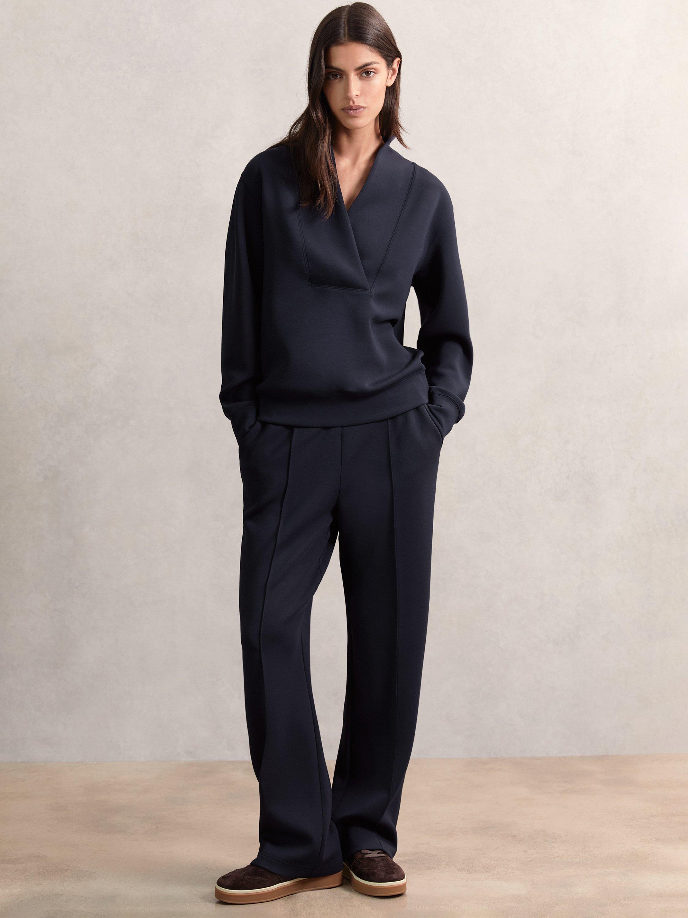 Product image 1 of 5, which shows Reiss Jemma Drawstring Wide Leg Joggers, Navy, XS