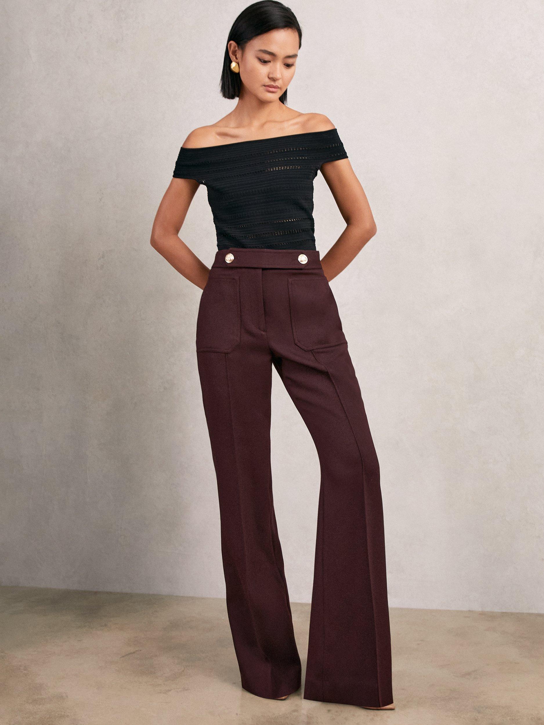 Product image 1 of 5, which shows Reiss Petite Lily Flared Wool Blend Trousers, Burgundy, 16Pt