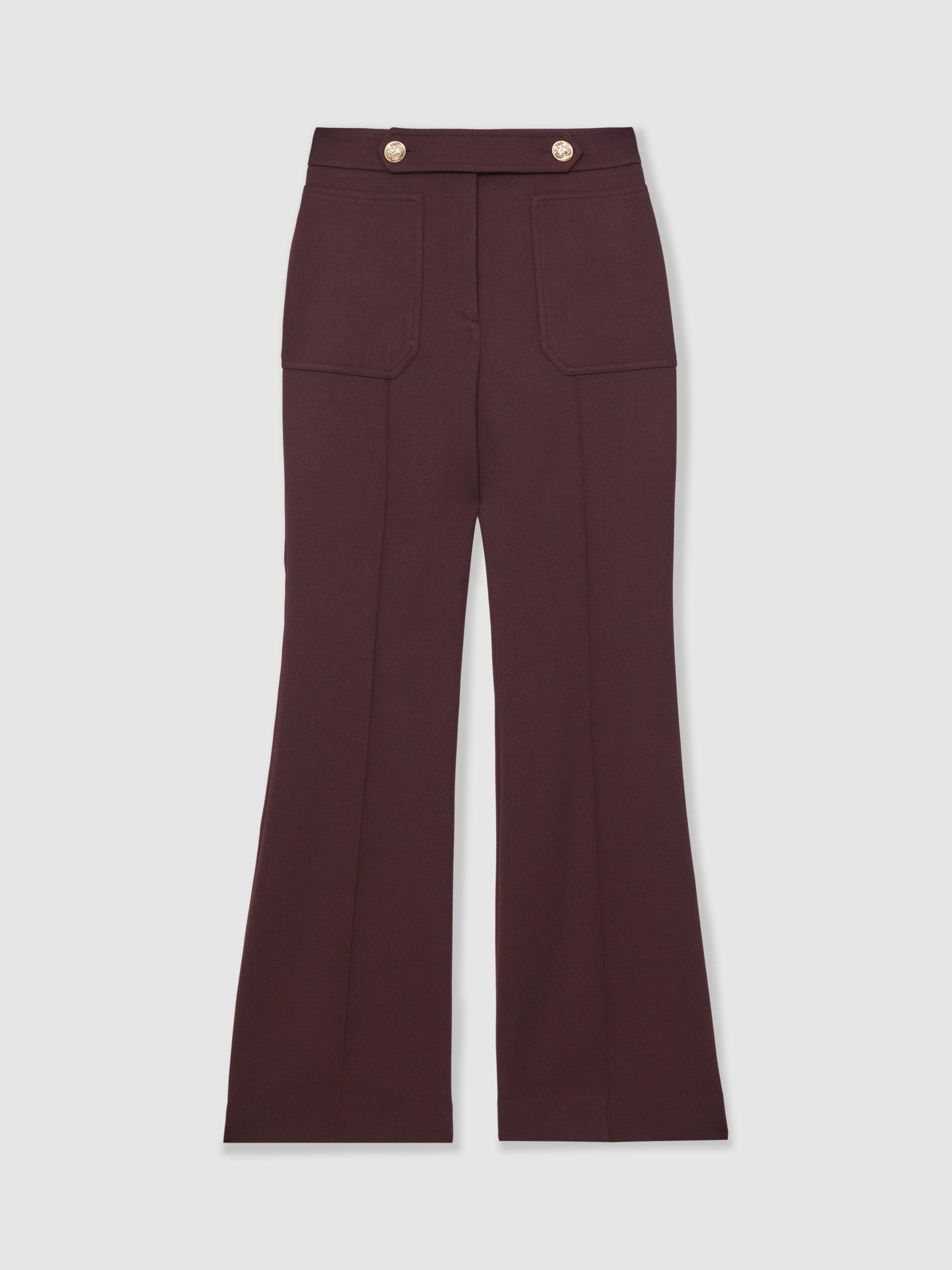 Product image 3 of 5, which shows Reiss Petite Lily Flared Wool Blend Trousers, Burgundy, 16Pt