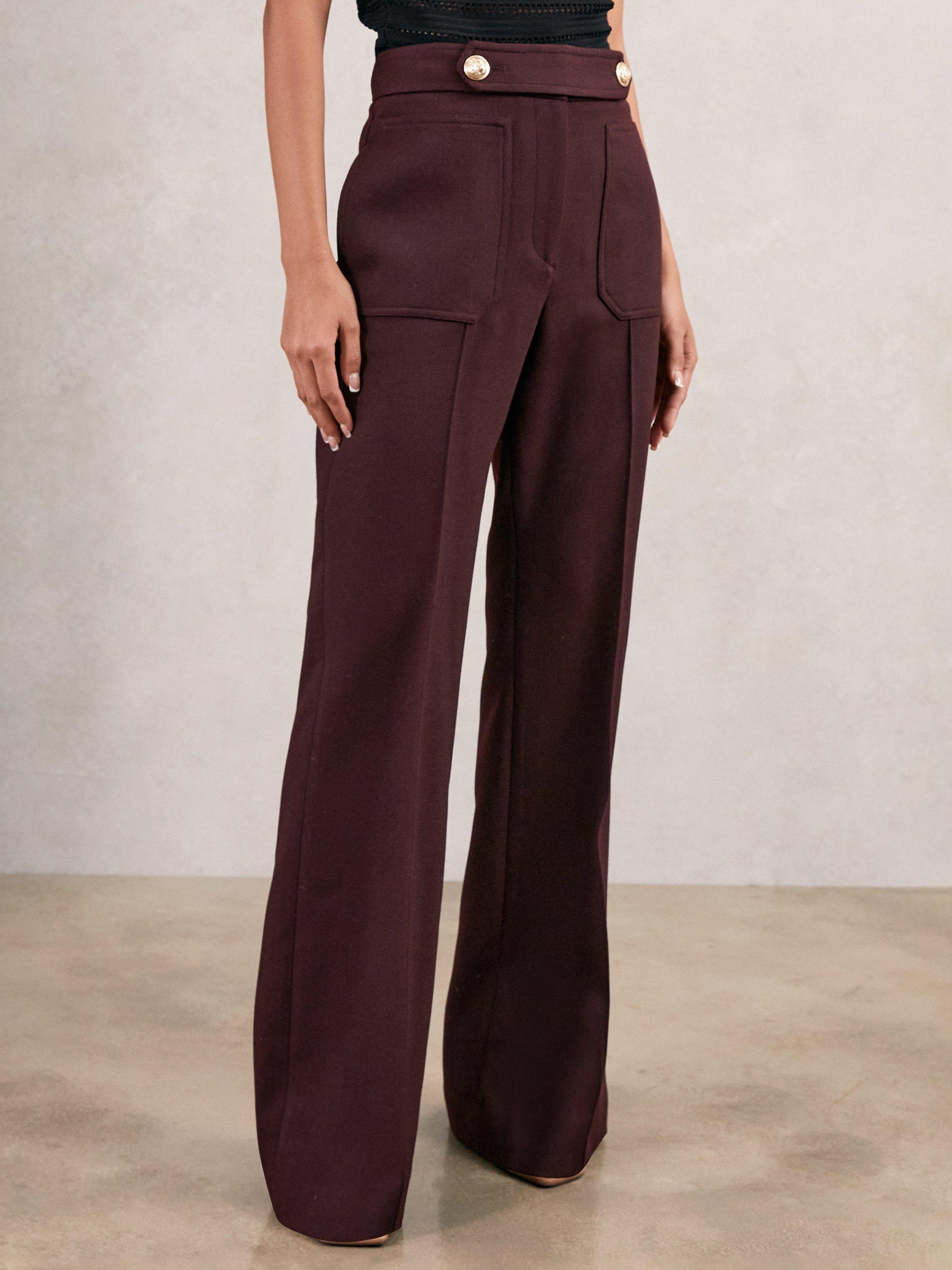 Product image 4 of 5, which shows Reiss Petite Lily Flared Wool Blend Trousers, Burgundy, 16Pt