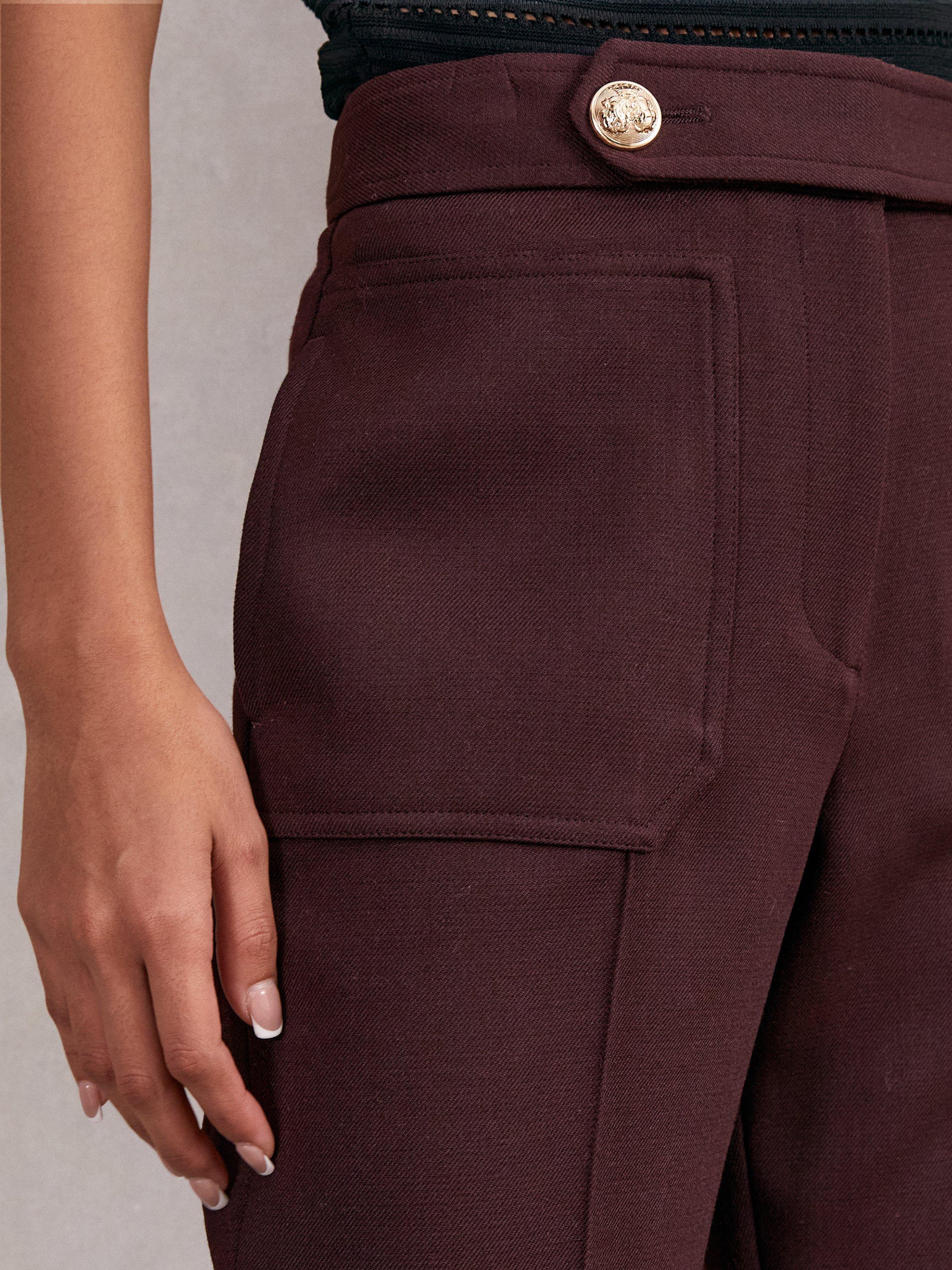 Product image 5 of 5, which shows Reiss Petite Lily Flared Wool Blend Trousers, Burgundy, 16Pt