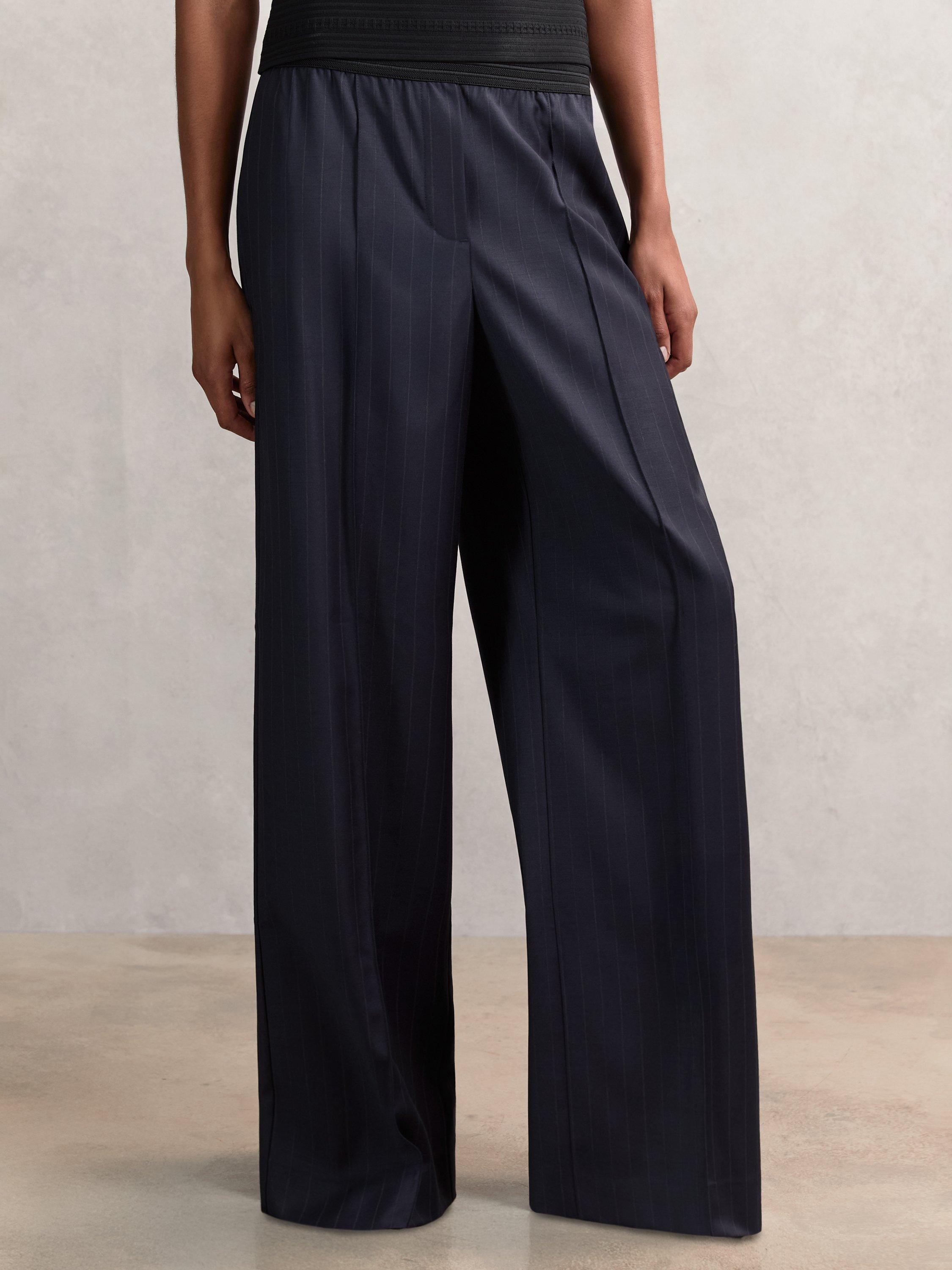 Product image 1 of 5, which shows Reiss Petite Neave Pinstripe Trousers, Navy, 12Pt