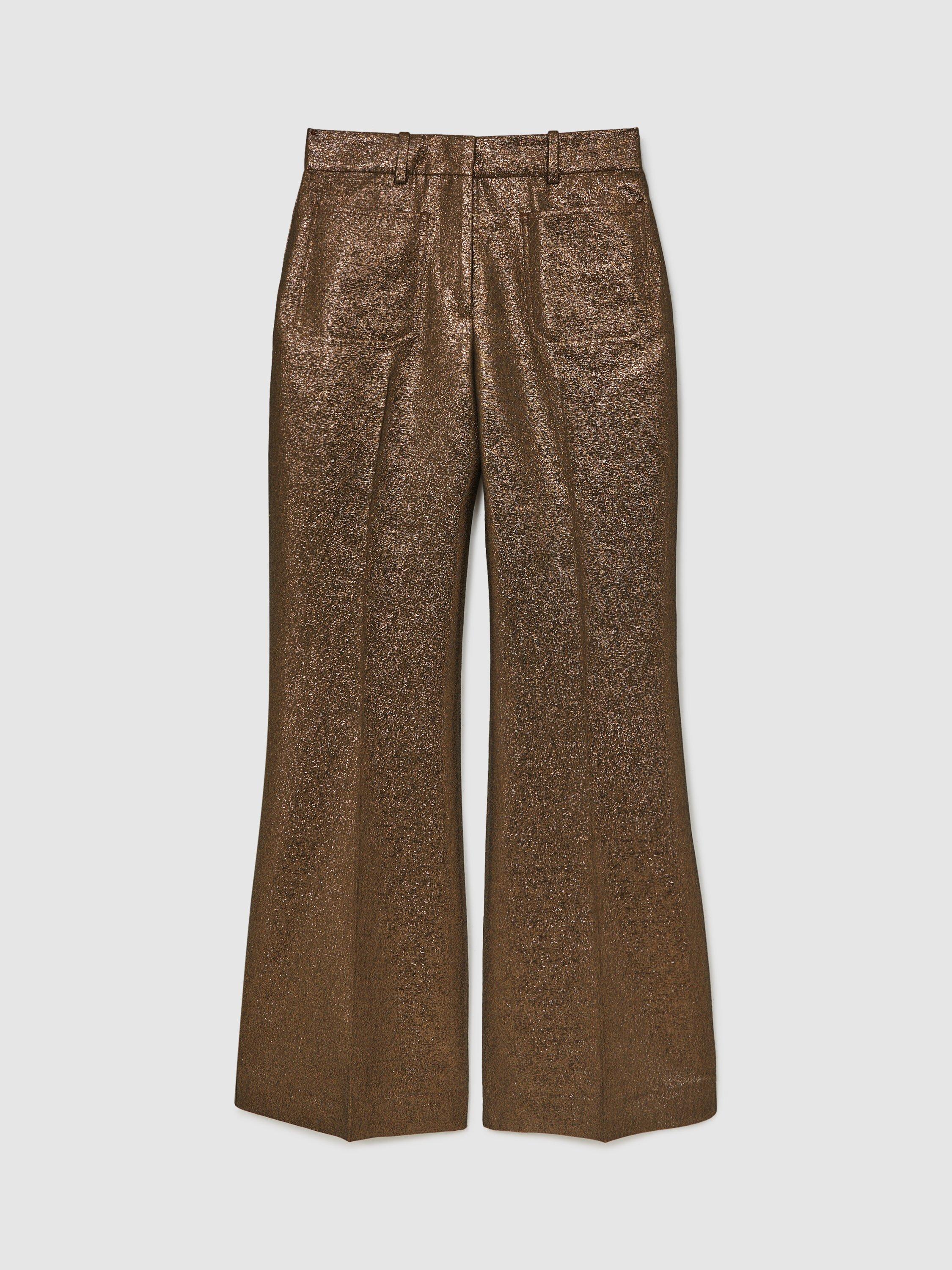 Product image 3 of 5, which shows Reiss Sienna Cotton Blend Metallic Tailored Flared Trousers, Gold, 10R