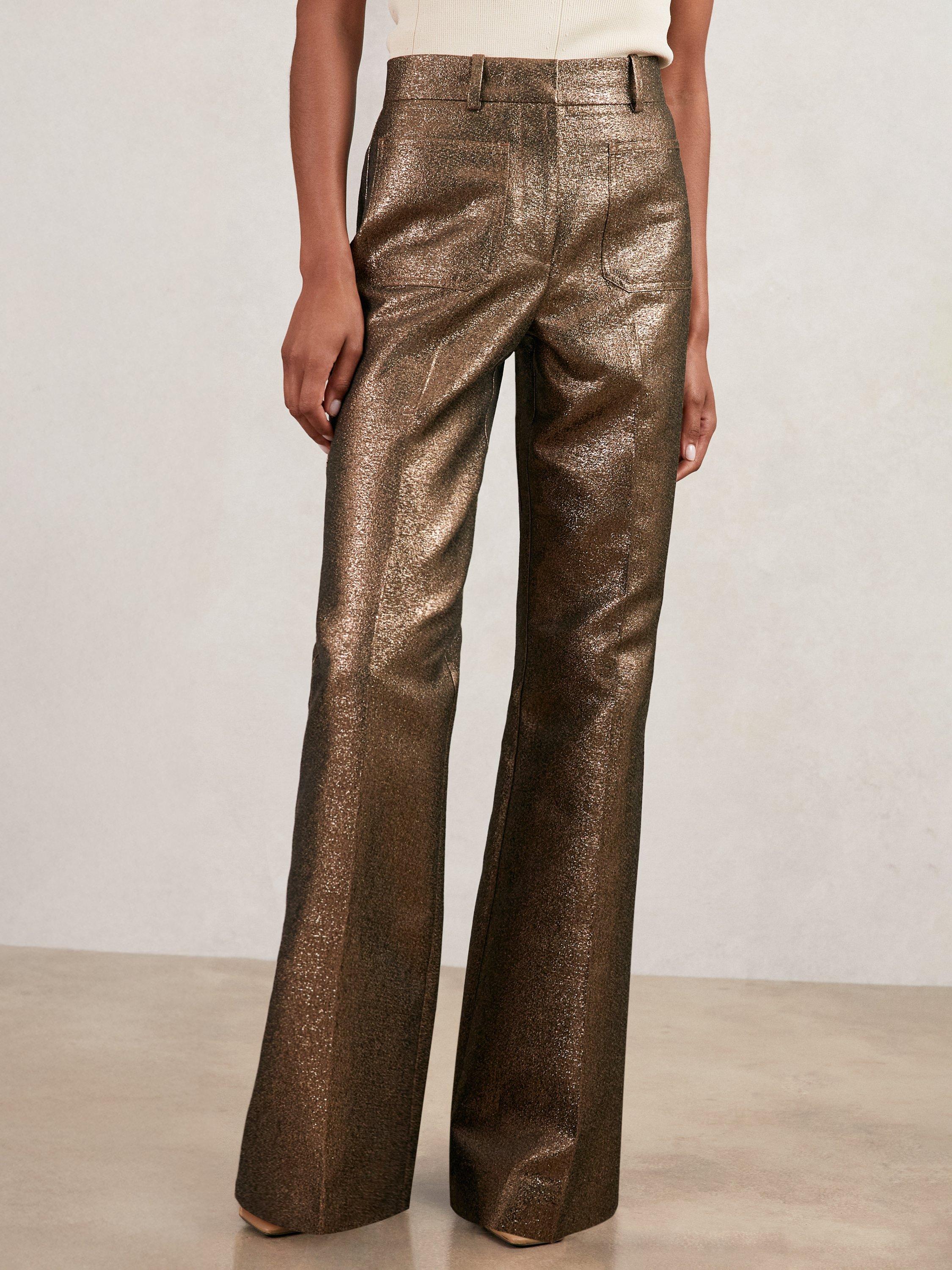 Product image 4 of 5, which shows Reiss Sienna Cotton Blend Metallic Tailored Flared Trousers, Gold, 10R