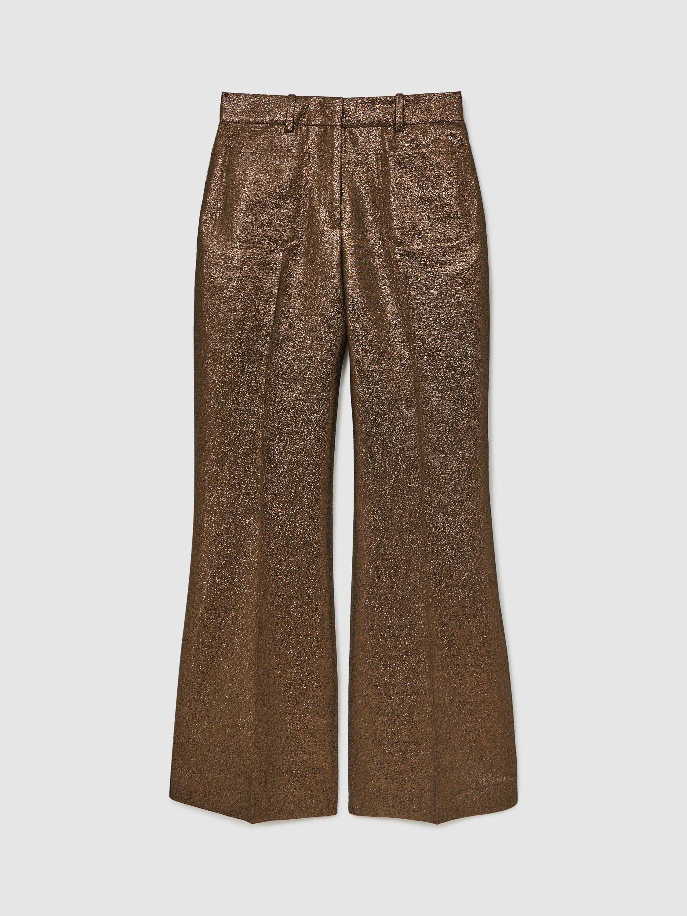 Product image 3 of 5, which shows Reiss Sienna Petite Sparkle Patch Pocket Flared Trousers, Gold, 6Pt