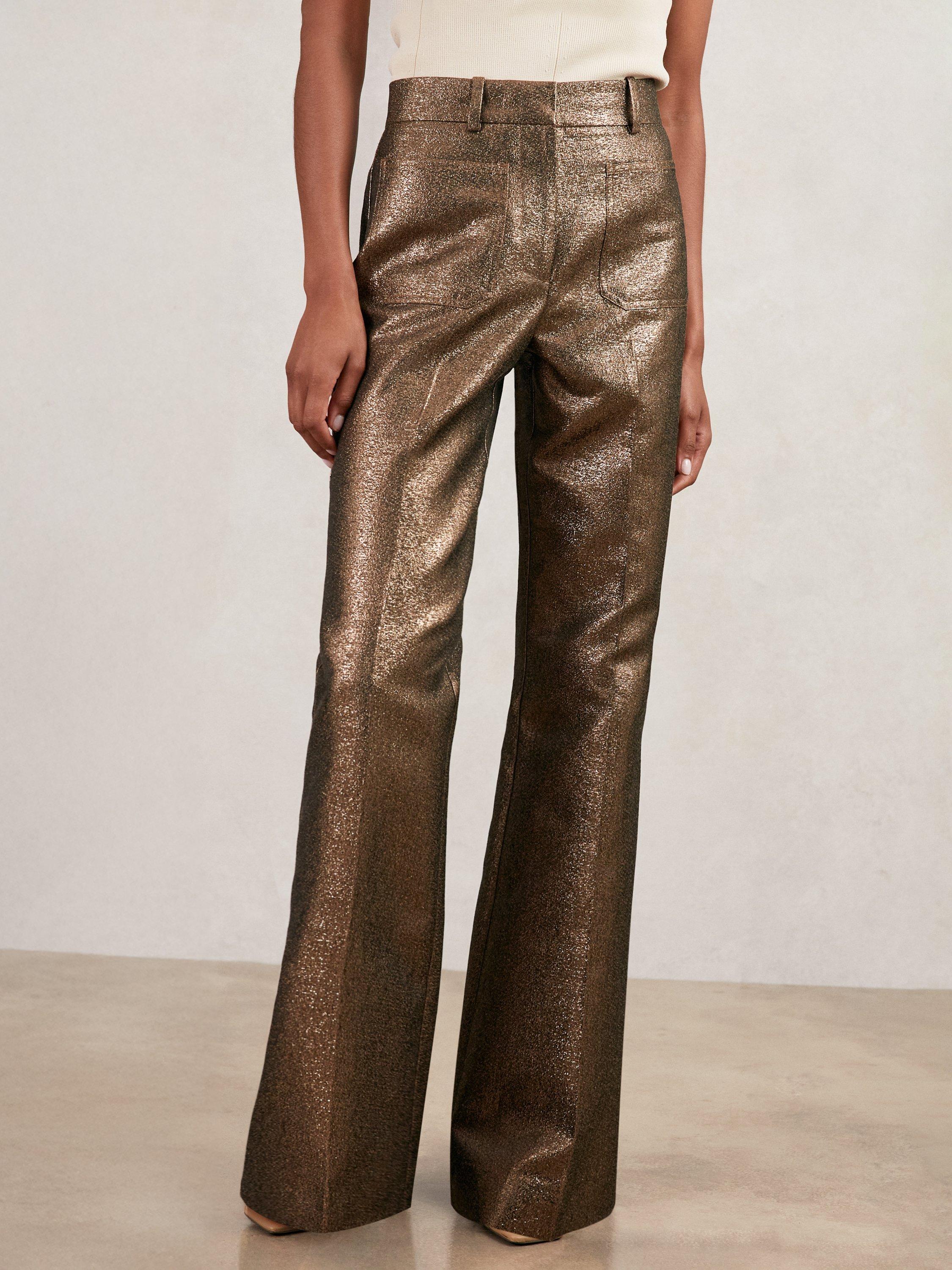 Product image 4 of 5, which shows Reiss Sienna Petite Sparkle Patch Pocket Flared Trousers, Gold, 6Pt