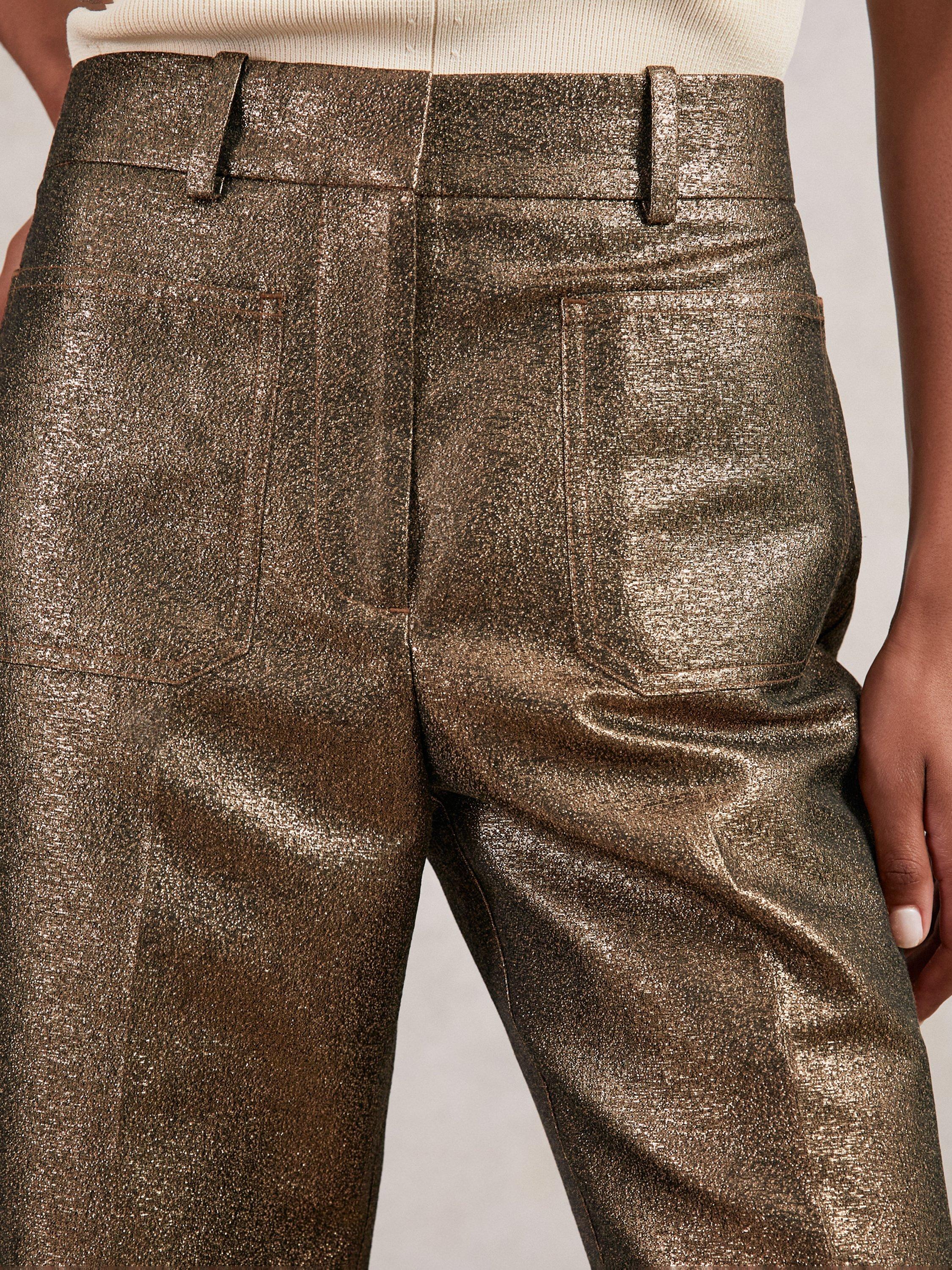 Product image 5 of 5, which shows Reiss Sienna Petite Sparkle Patch Pocket Flared Trousers, Gold, 6Pt