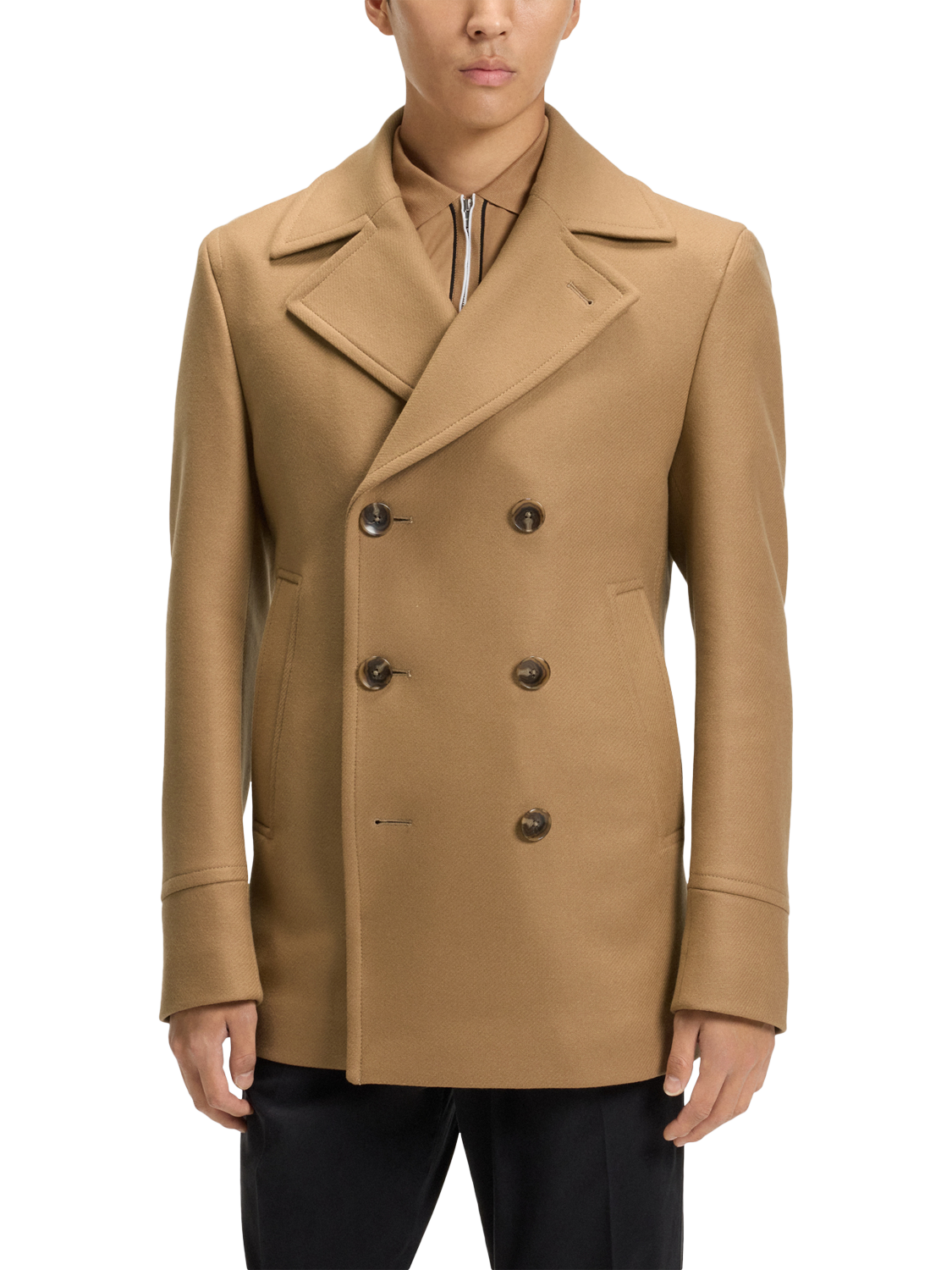Product image 1 of 6, which shows HUGO BOSS BOSS Double Breasted Wool Blend Coat, Medium Beige, 34R