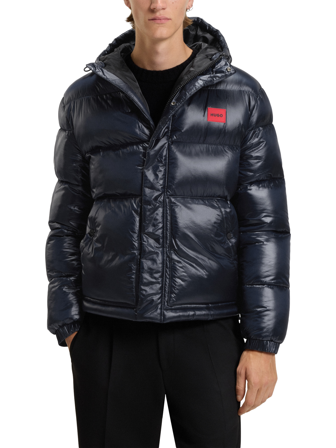 Product image 1 of 6, which shows HUGO BOSS HUGO Hooded Zip Front Puffer Jacket, Dark Blue, L