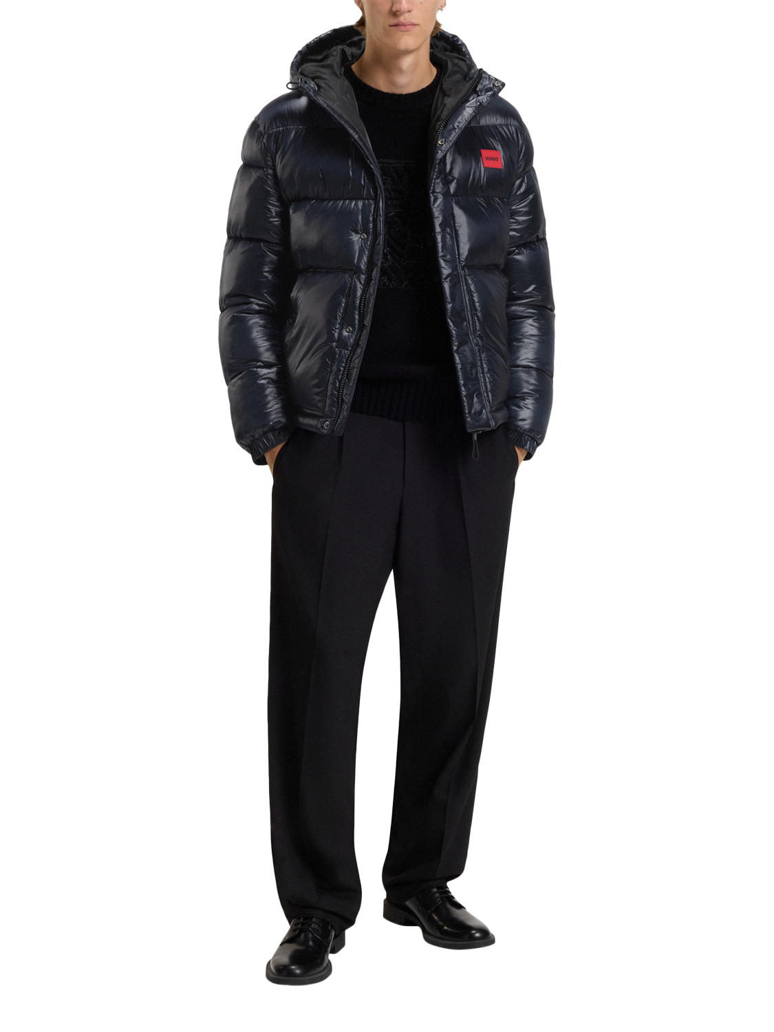 Product image 3 of 6, which shows HUGO BOSS HUGO Hooded Zip Front Puffer Jacket, Dark Blue, L