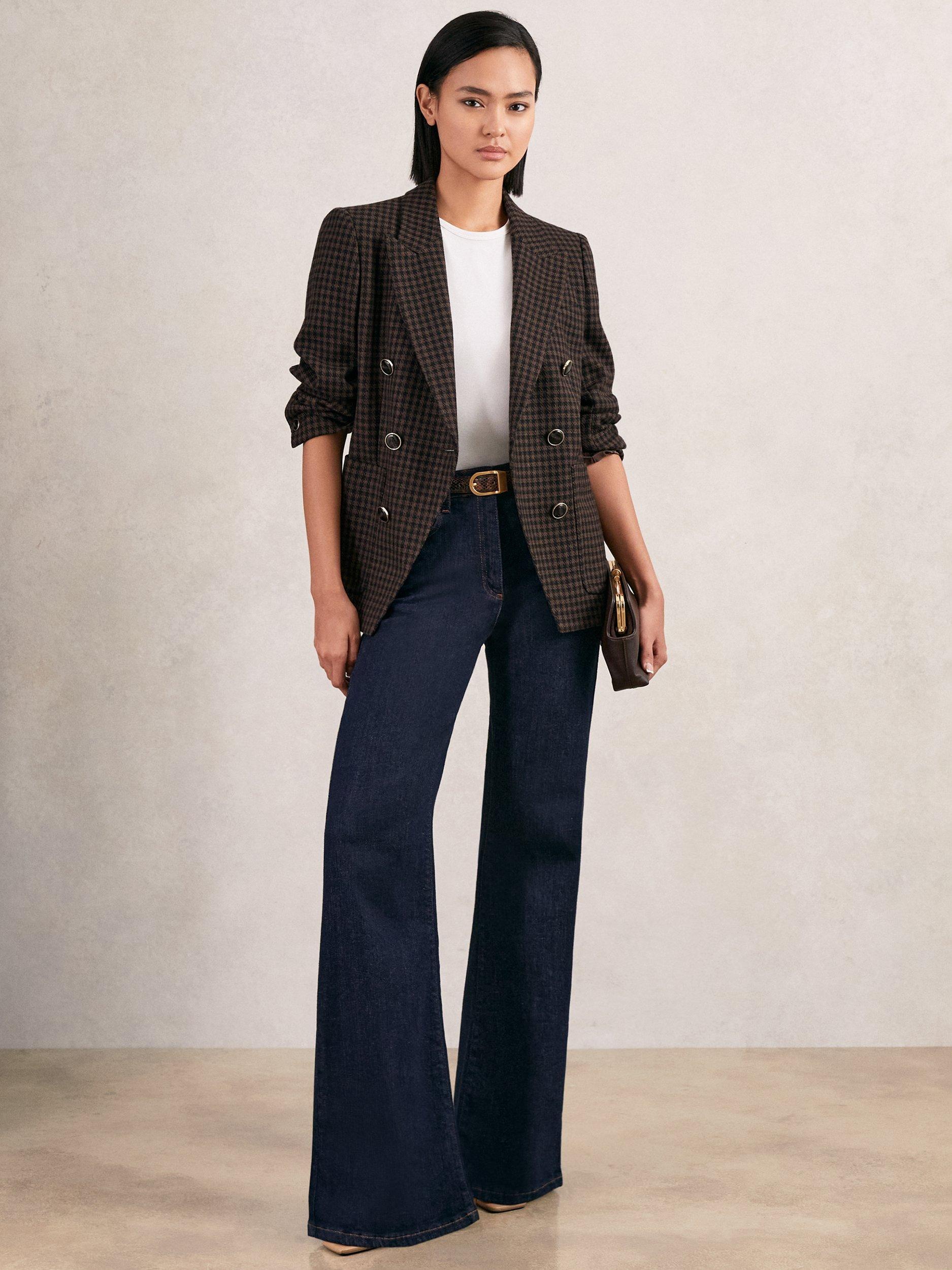 Product image 1 of 5, which shows Reiss Ayla Wool Blend Double-Breasted Check Blazer, Brown/Multi, 6Pt