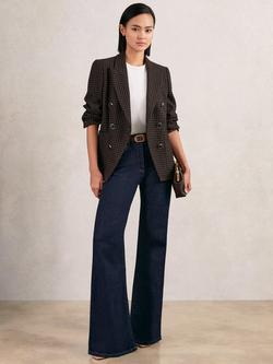 Reiss Ayla Wool Blend Double-Breasted Check Blazer, Brown/Multi, Brown/Multi