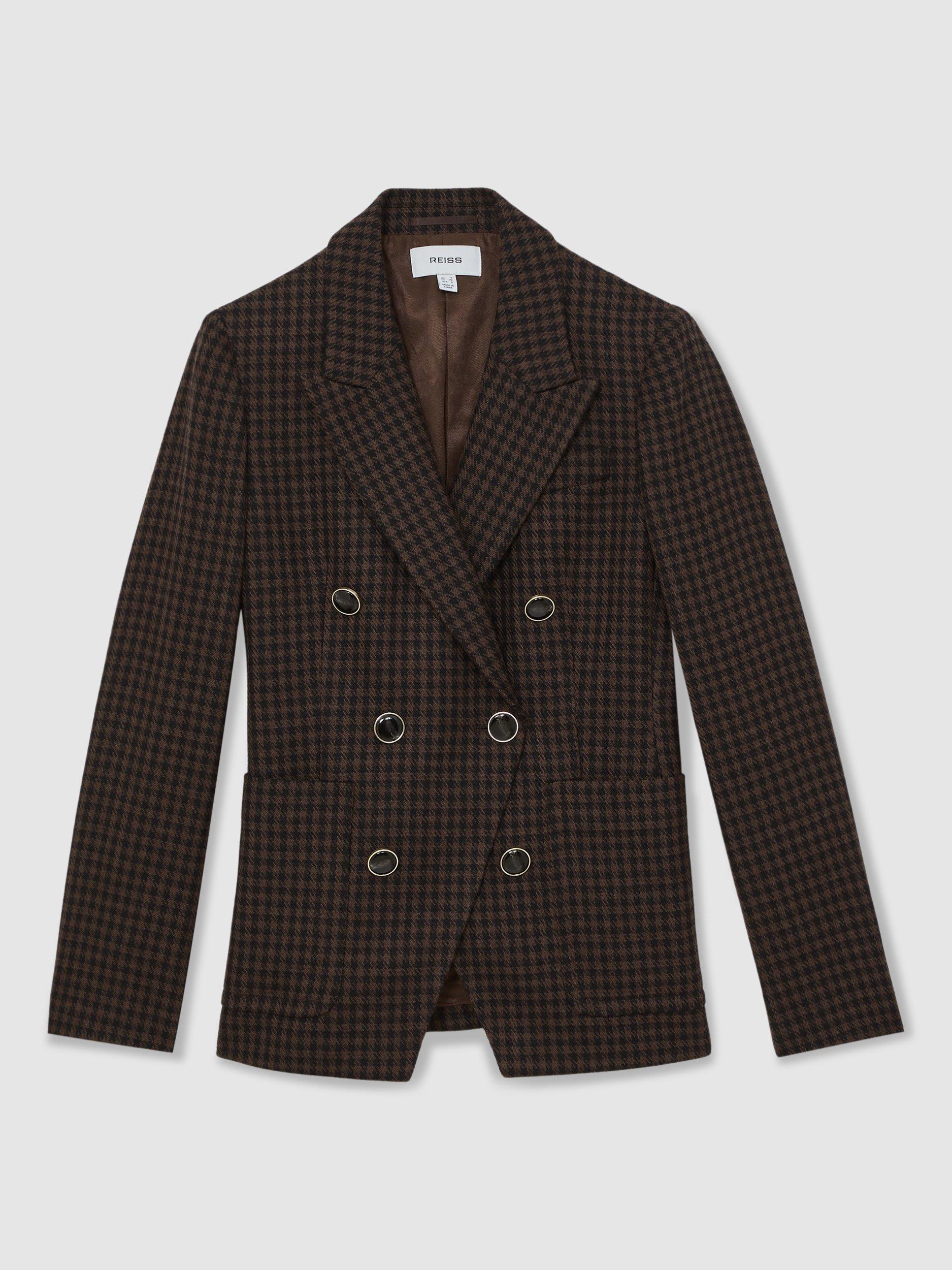 Product image 3 of 5, which shows Reiss Ayla Wool Blend Double-Breasted Check Blazer, Brown/Multi, 6Pt