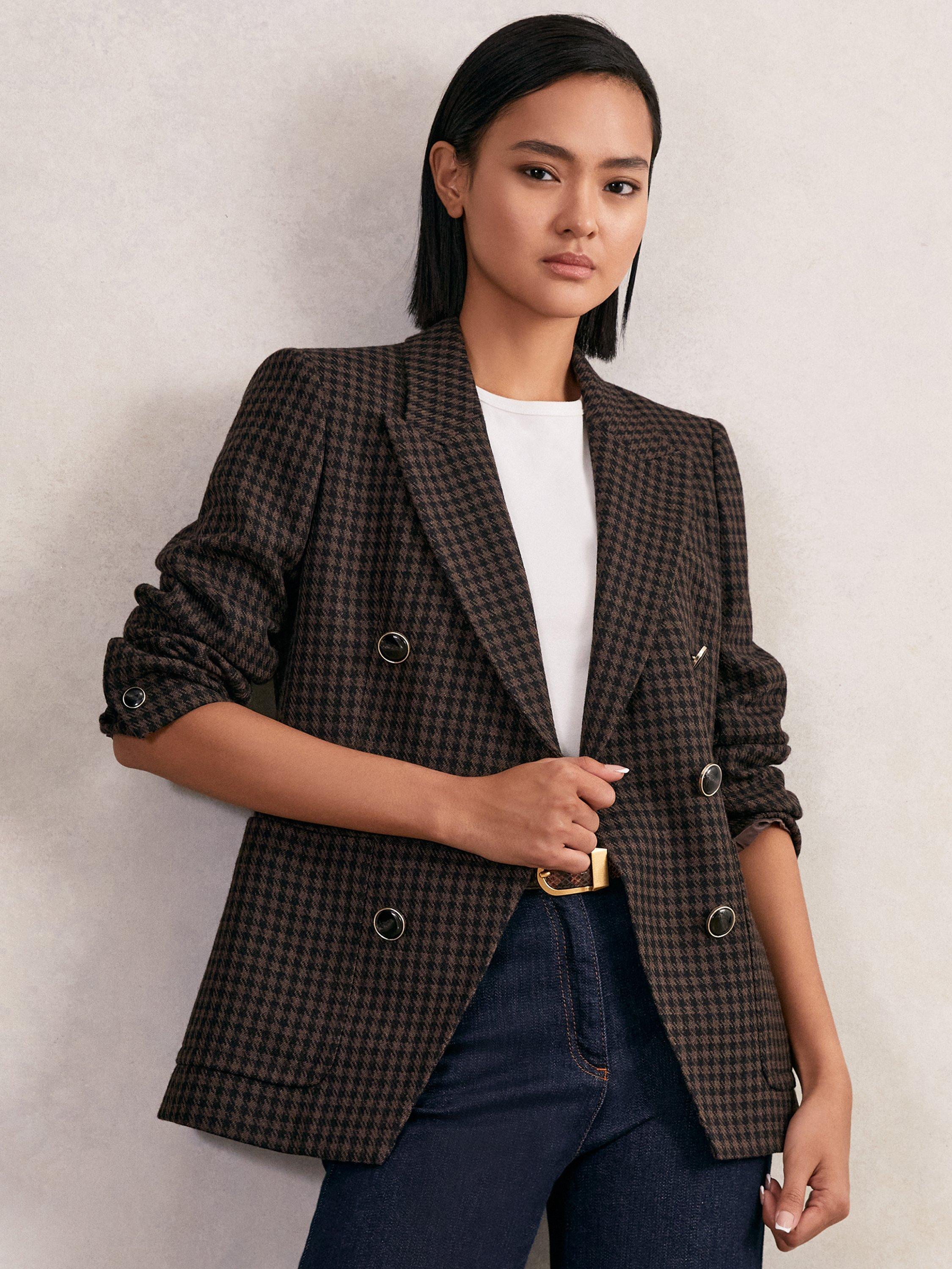 Product image 4 of 5, which shows Reiss Ayla Wool Blend Double-Breasted Check Blazer, Brown/Multi, 6Pt