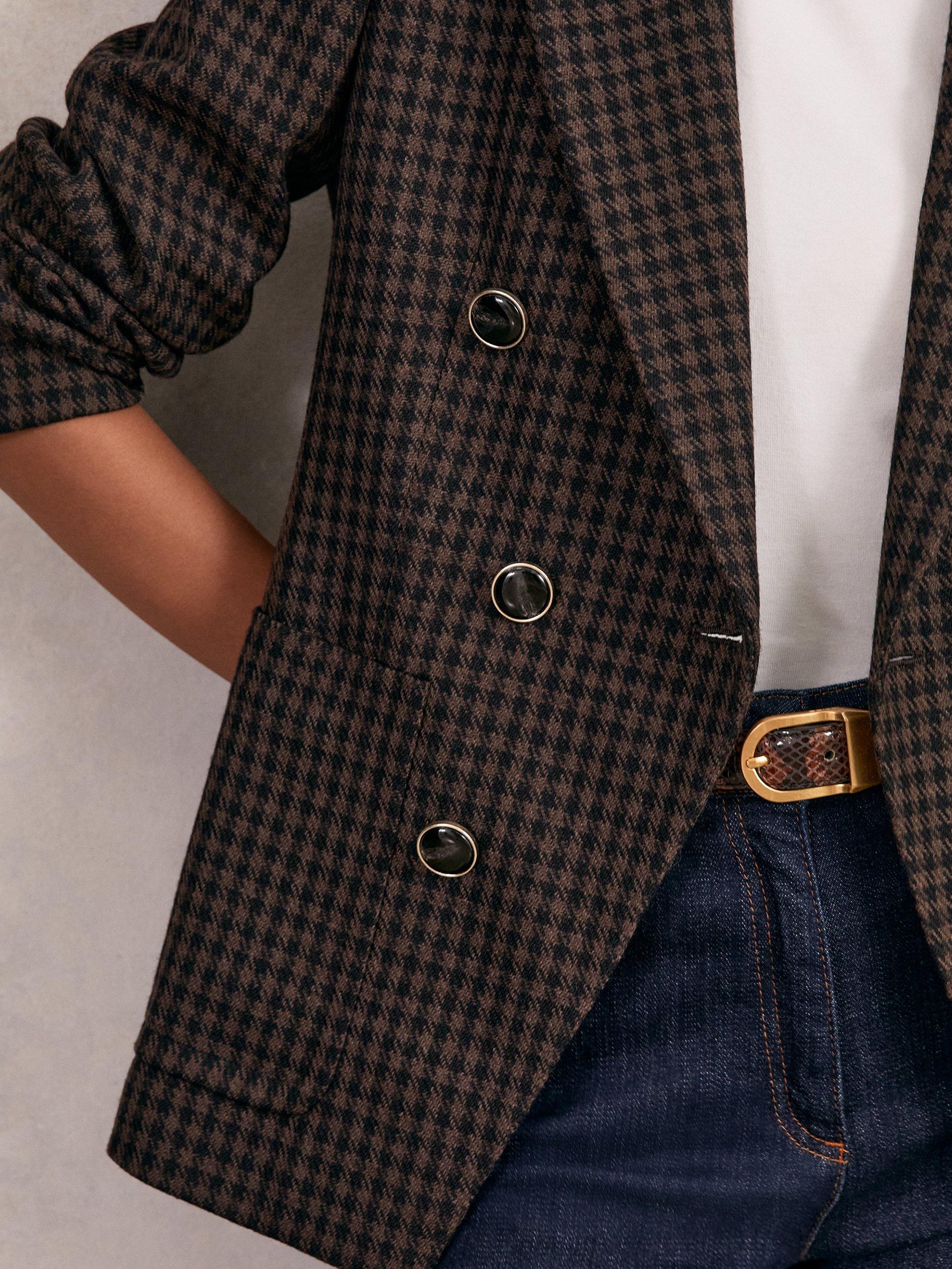 Product image 5 of 5, which shows Reiss Ayla Wool Blend Double-Breasted Check Blazer, Brown/Multi, 6Pt