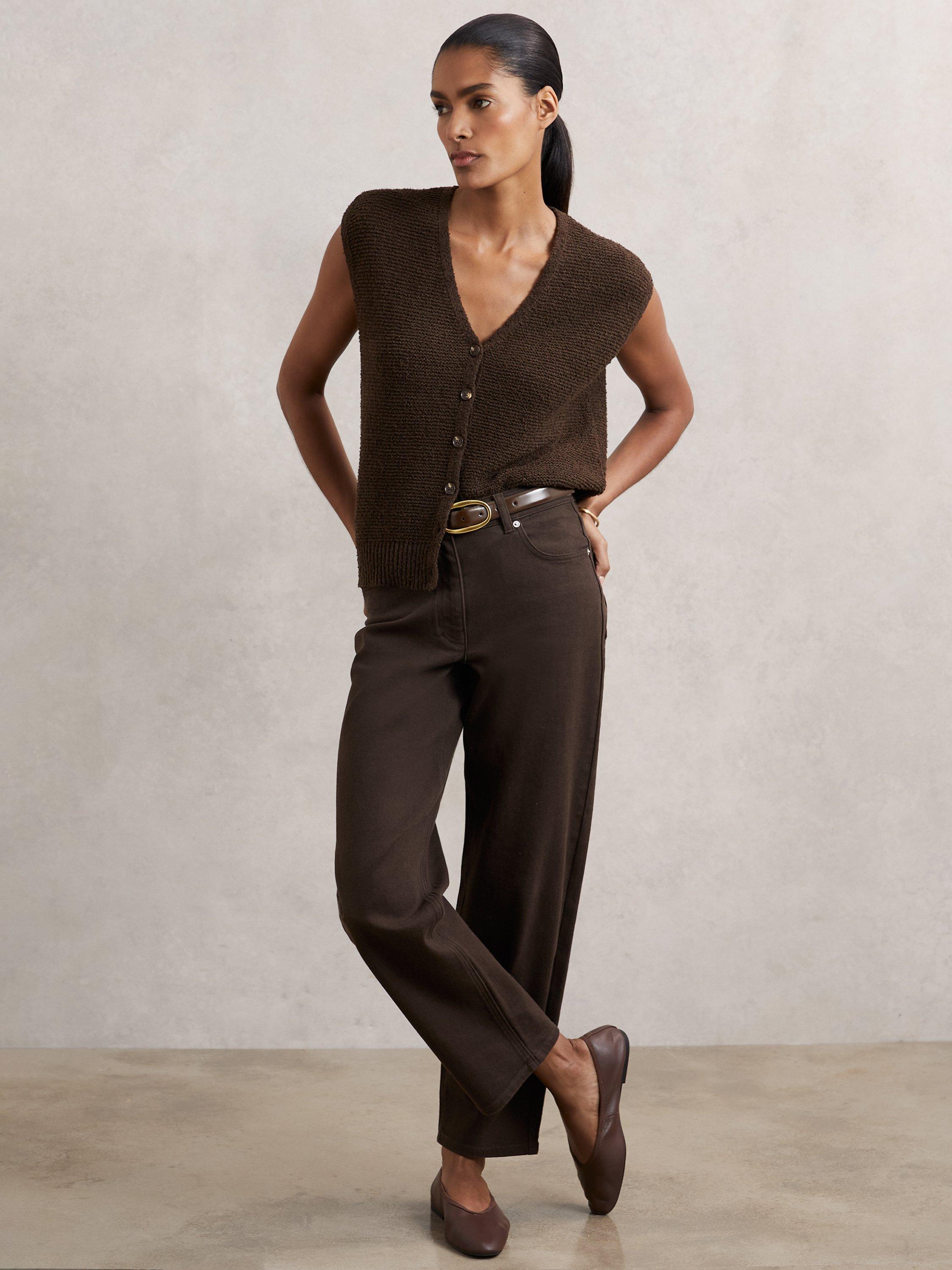 Product image 1 of 5, which shows Reiss Lily Textured Sleeveless Top, Chocolate Brown, S