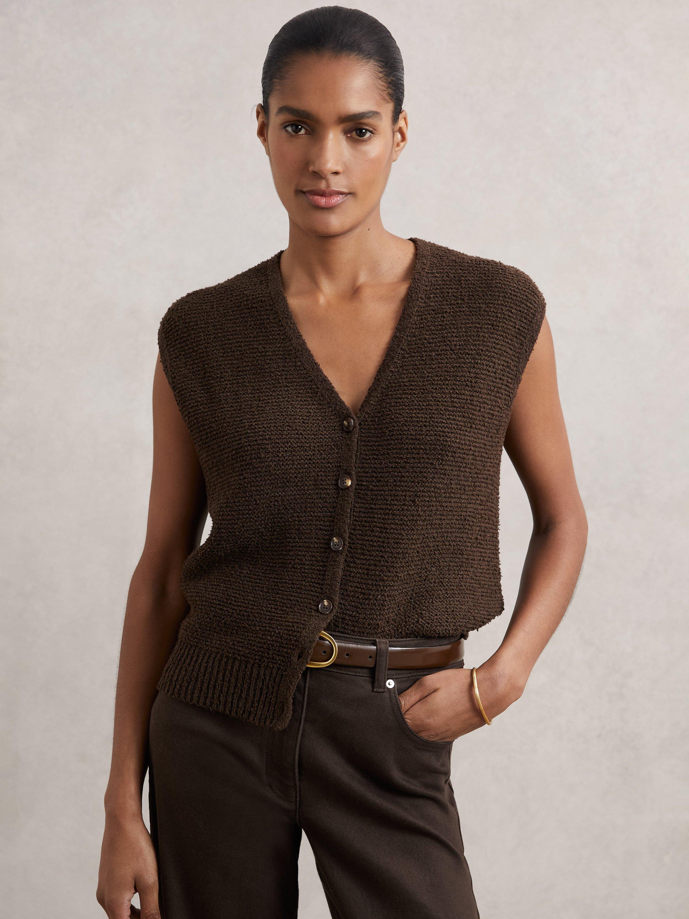 Product image 4 of 5, which shows Reiss Lily Textured Sleeveless Top, Chocolate Brown, S