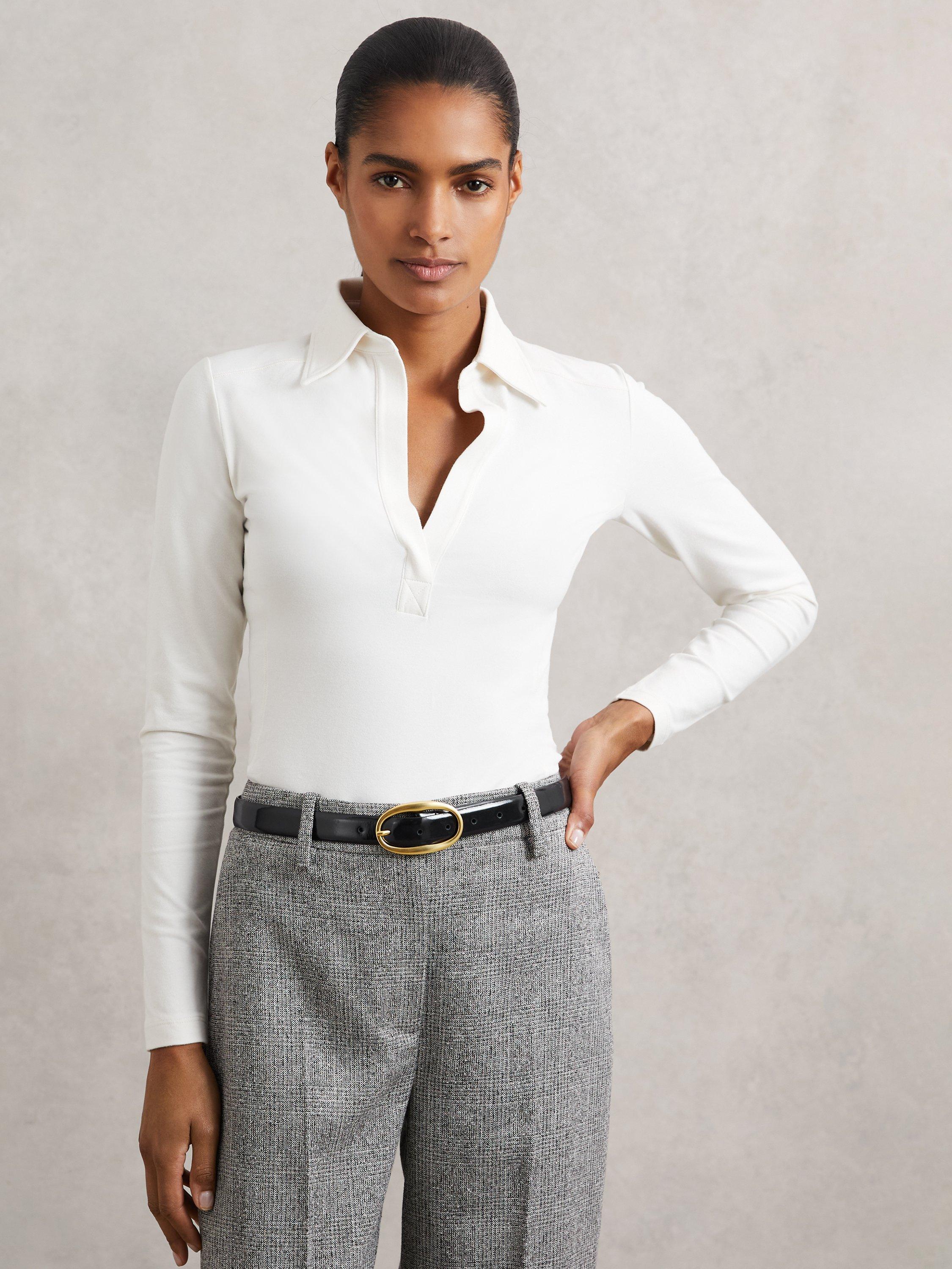 Product image 1 of 5, which shows Reiss Novi Collared Long Sleeve Top, Ivory, 10