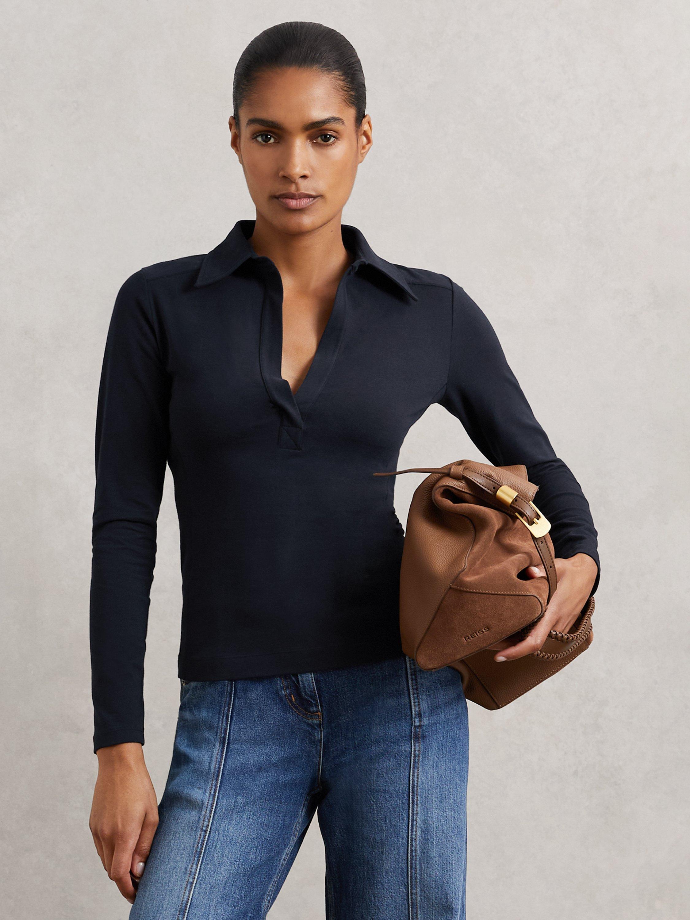 Product image 1 of 5, which shows Reiss Novi Collared Long Sleeve Top, Navy, 10