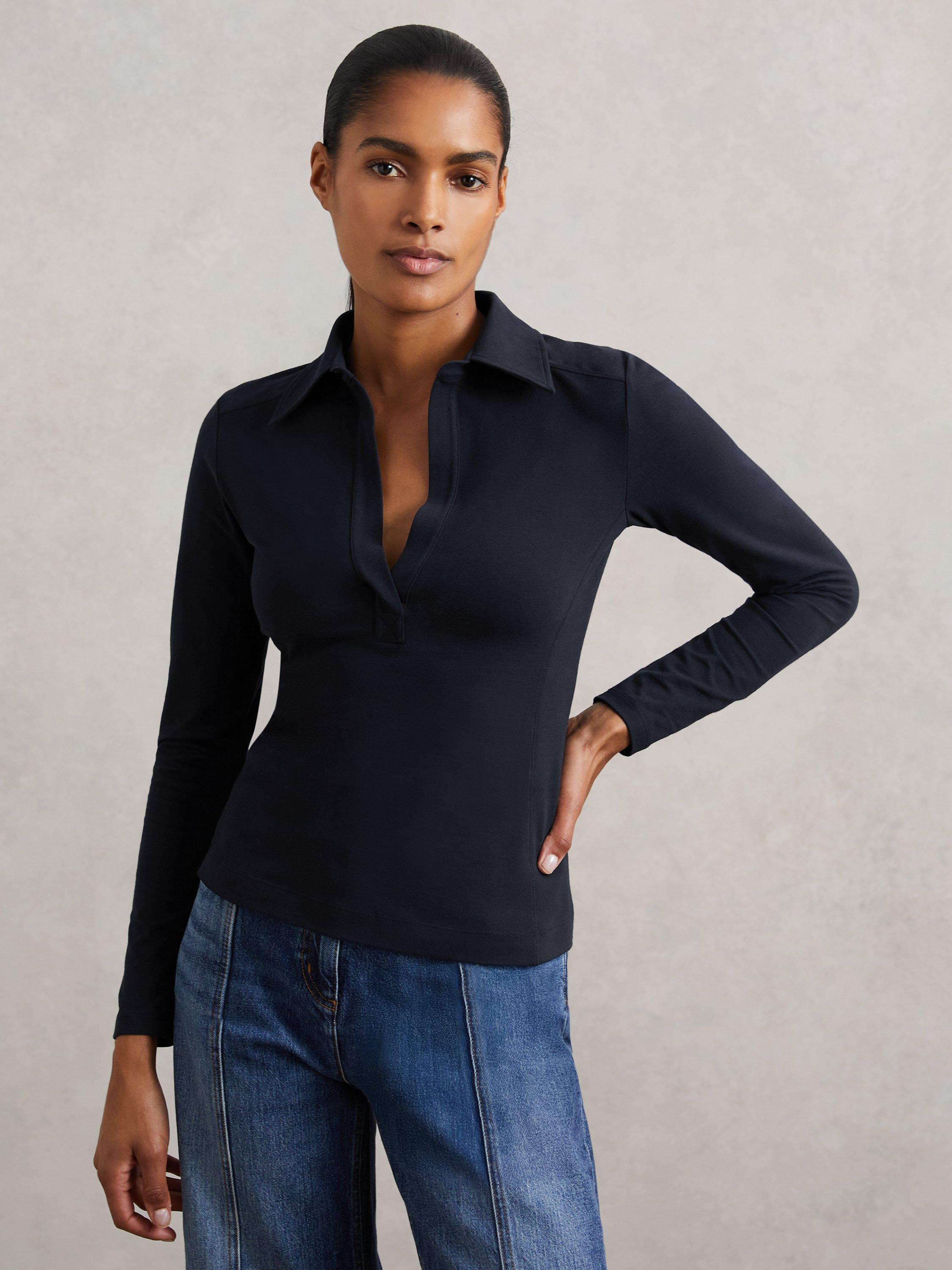 Product image 5 of 5, which shows Reiss Novi Collared Long Sleeve Top, Navy, 10